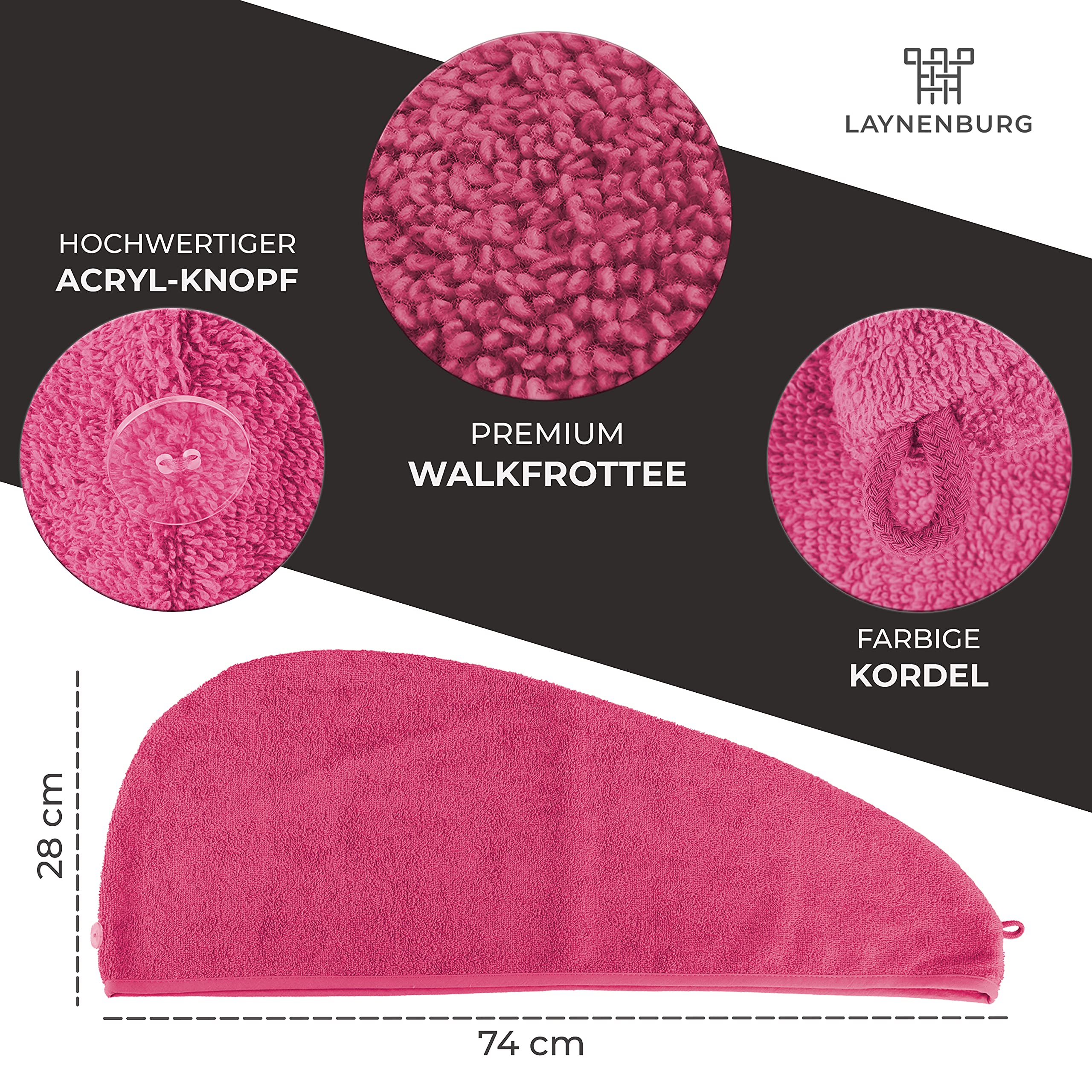 LAYNENBURG Asciugamano Turbante Deluxe con Bottone per Capelli Corti e Lunghi - Spugna di Cotone - 4 Lacci per Capelli Gratis - Asciugatura Rapida e asciugacapelli Super Assorbente (Fucsia)