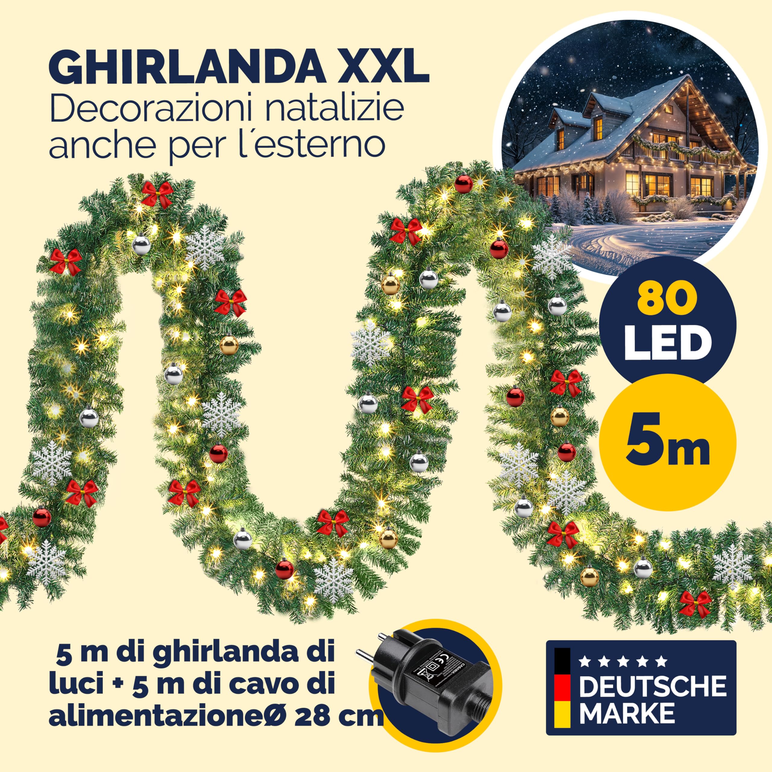 Casaria Ghirlanda Decorazione di Natale 5m 80 LED Timer 7 Modalità di Luce Bianca Esterno Interno | Luce Bianca, Esterno Interno, Rami Adattabili, IP44, Albero Natale, Decorazioni Natalizie