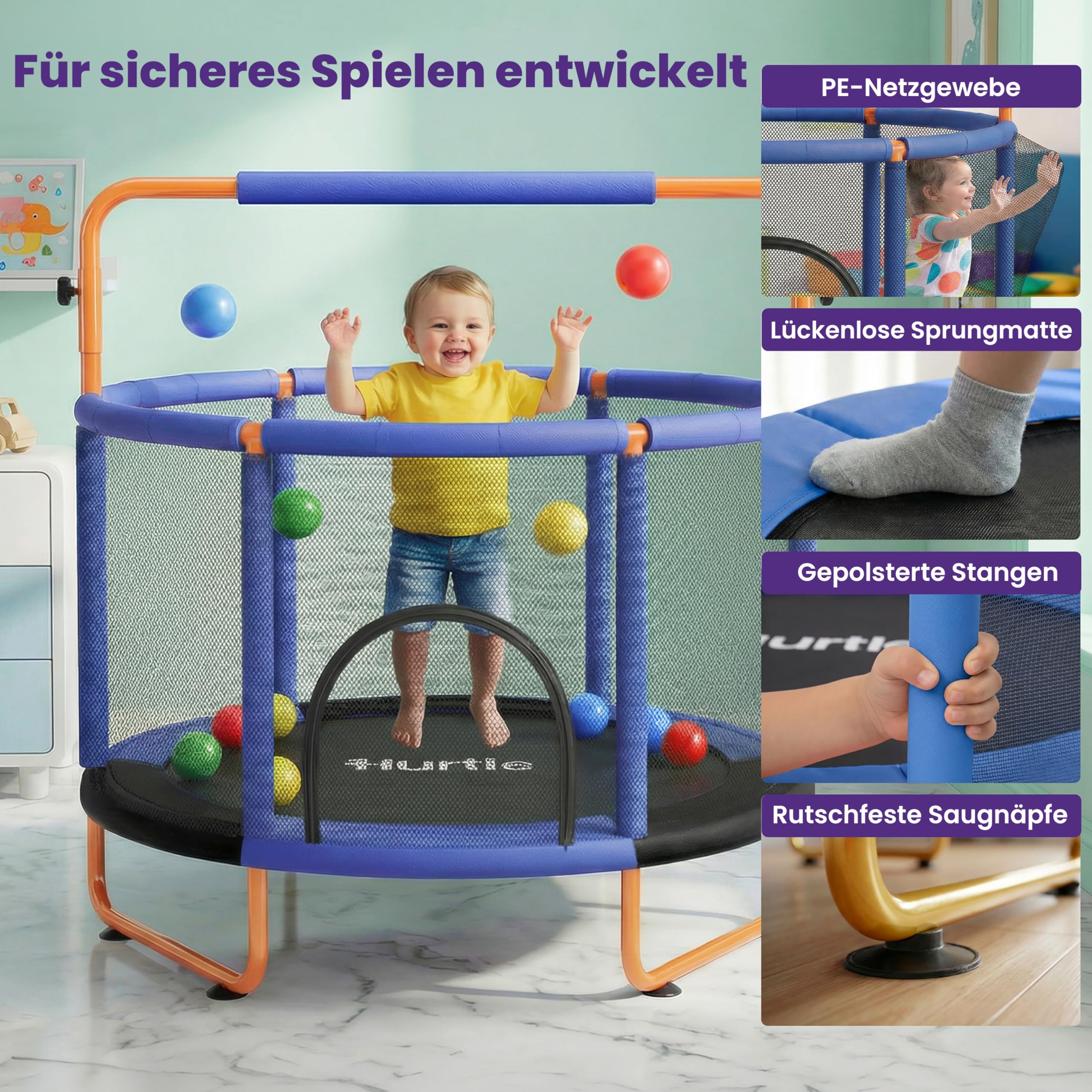 Hurtle Kindertrampolin - 140 cm mit Sicherheitsnetz – Trampolin Kinder Indoor Outdoor mit Haltestange, Schaukel, Ringe, Boxsack und Bällen bis 200 kg belastbar - 3