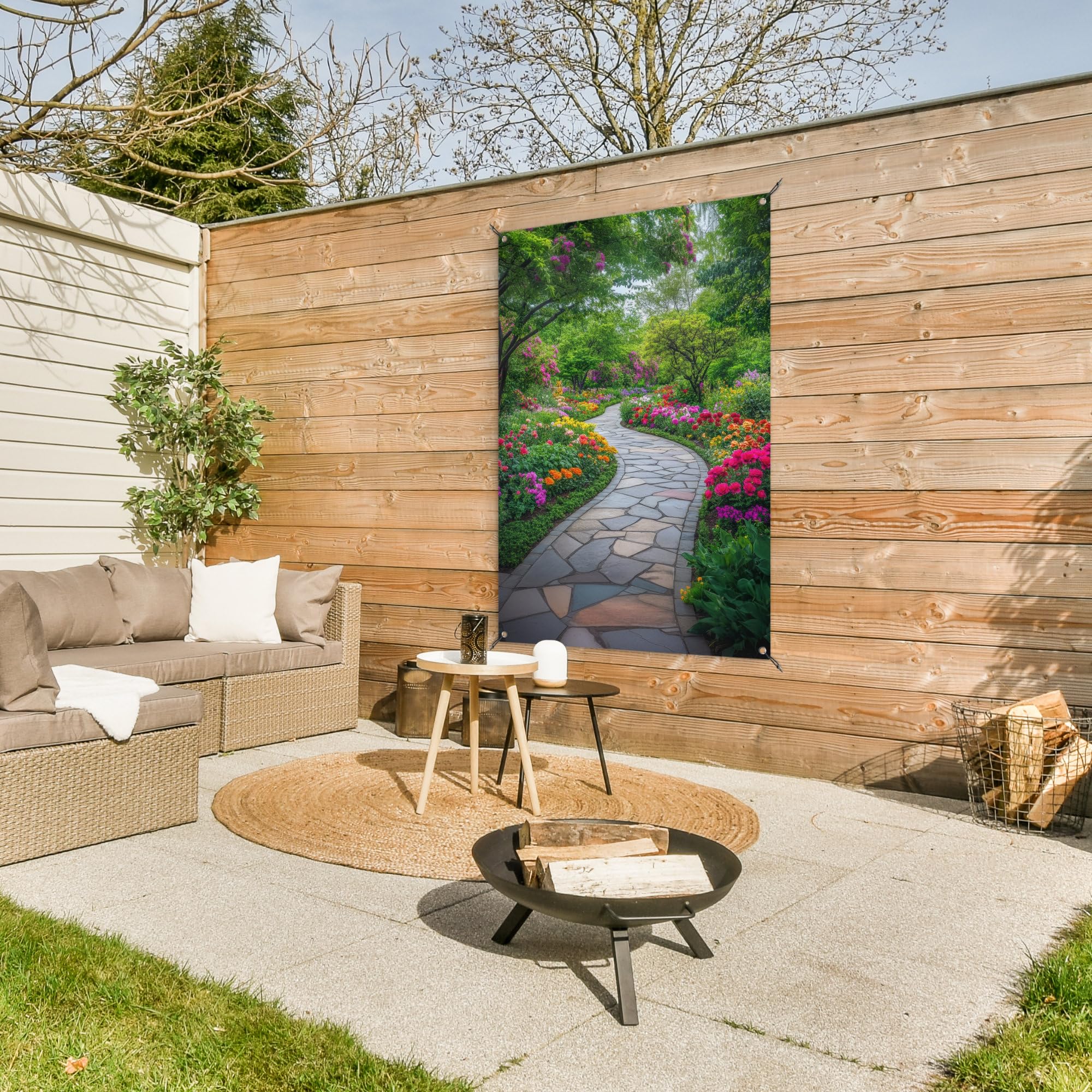 MuchoWow© Gartenposter 80x120 cm Outdoor Bilder Gartendeko für draußen Wetterfest Garten Deko Banner Draußen Bild Garden Decoration Park - Blumen - Tulpenfeld - Sonnenuntergang