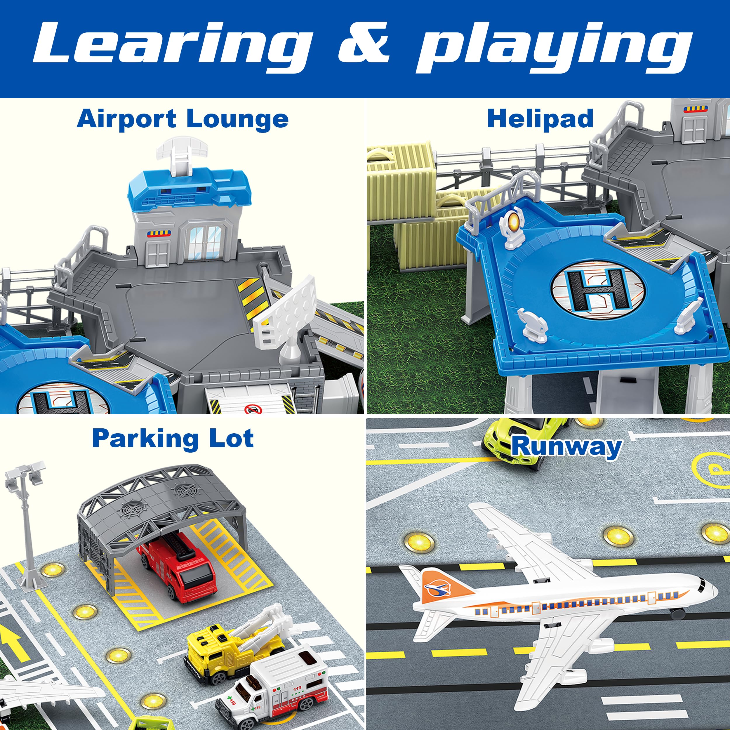 Set di giocattoli aerei con camion, elicottero, aerei e tappetino da gioco, giocattoli per l'aviazione aeroportuale per ragazzi e ragazze, ottimo regalo per compleanno e Natale