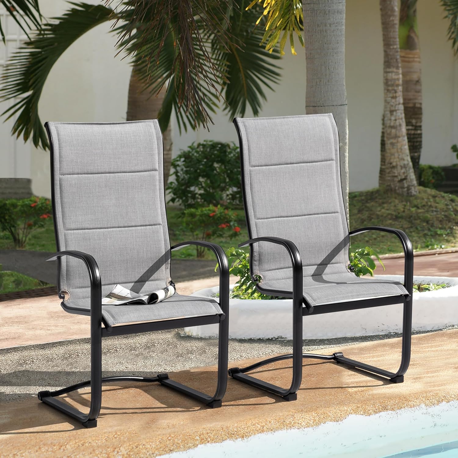 NUU GARDEN Padded Textilene Patio Dining Chairs Set of 2, C-Spring Patio Chairs with Curved Armrests, Powder-Coated Metal Frame Patio Furniture for Backyard Garden Poolside Lawn, Gray