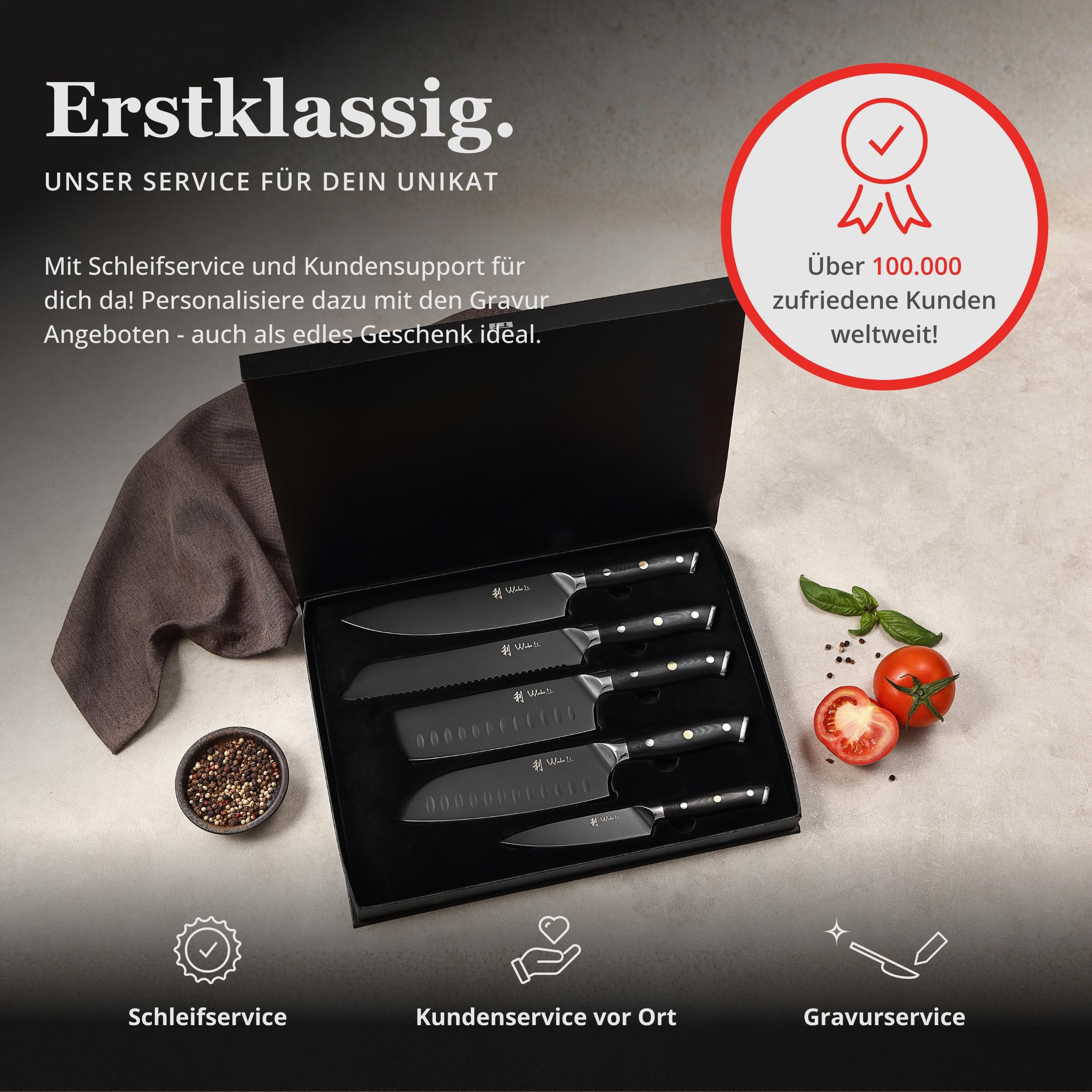 Wakoli Titanium Noir Messerblock-Set mit 5 Messern aus 5Cr15MoV-Stahl | Chefmesser, Brotmesser, Santoku, Nakiri und Allzweckmesser; G10-Griffe, Titanbeschichtung, einseitig magnetischer Messerblock