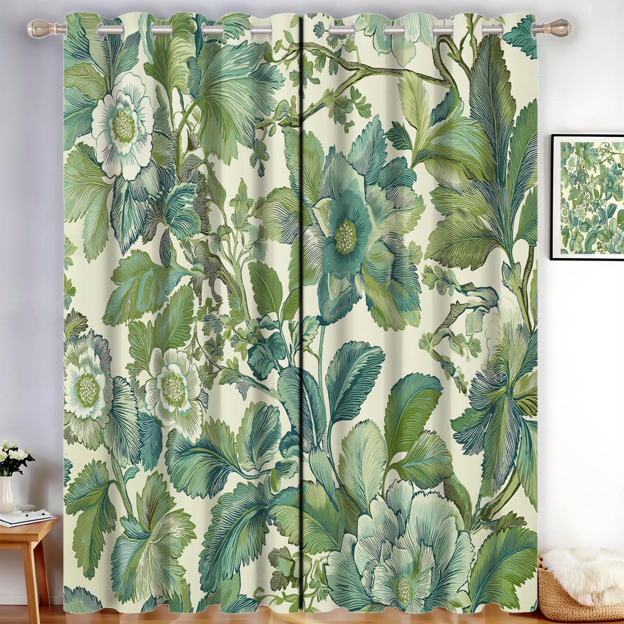 Rideaux occultants 140x260 fleurs feuilles décoration salon chambre vert