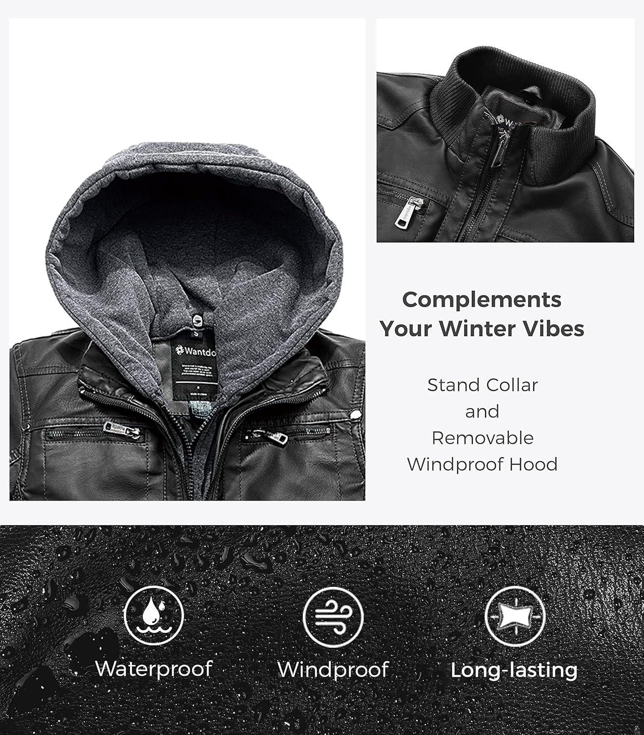 Wantdo Boy's Faux Leather Jacket Zipper Up Hoodie Zipper Coat with Removable Hood - Image 5