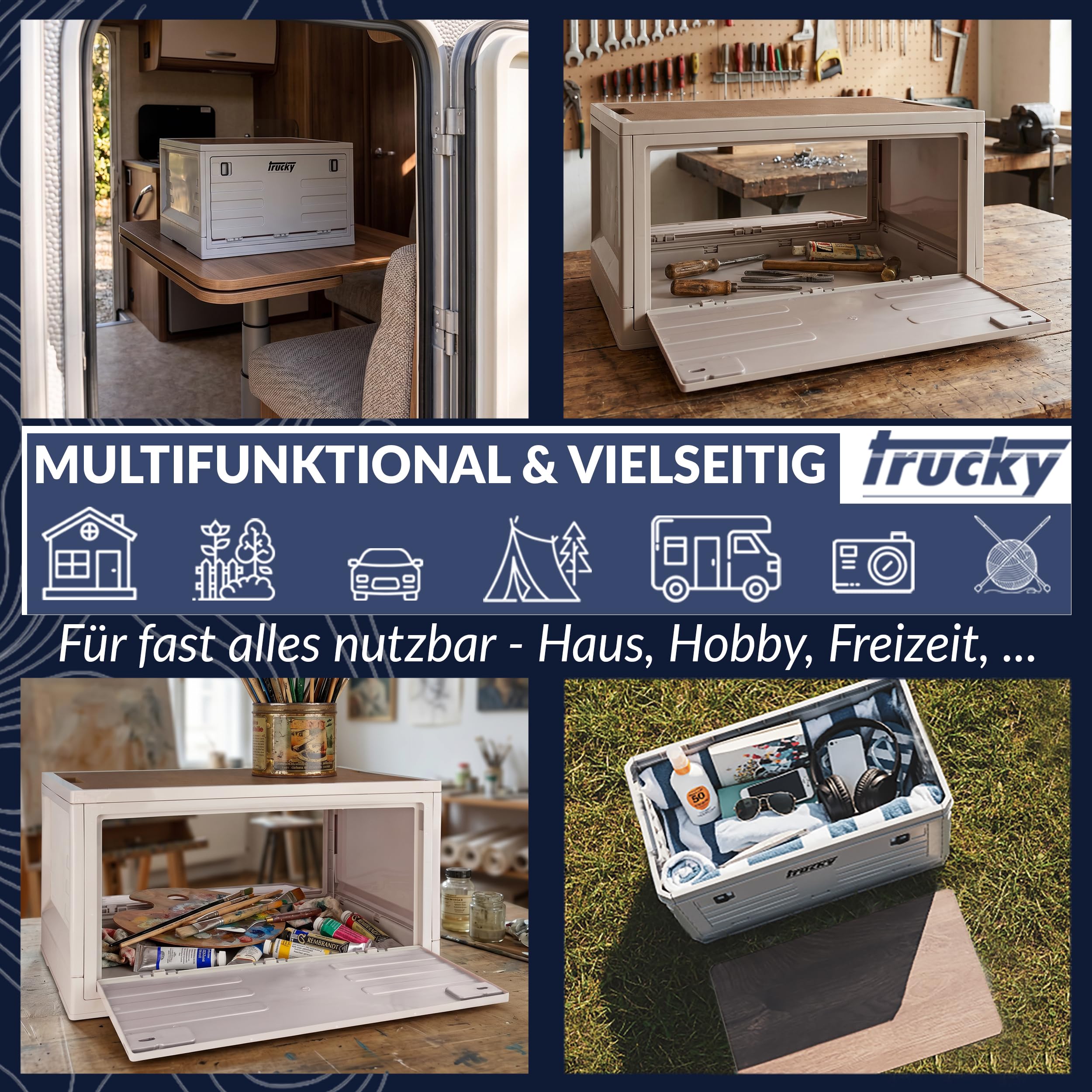 Trucky Caja de Almacenamiento 45 L, 50 x 35 x 30 cm Camping Caja Plegable Caja de Almacenamiento con Tapa Beige