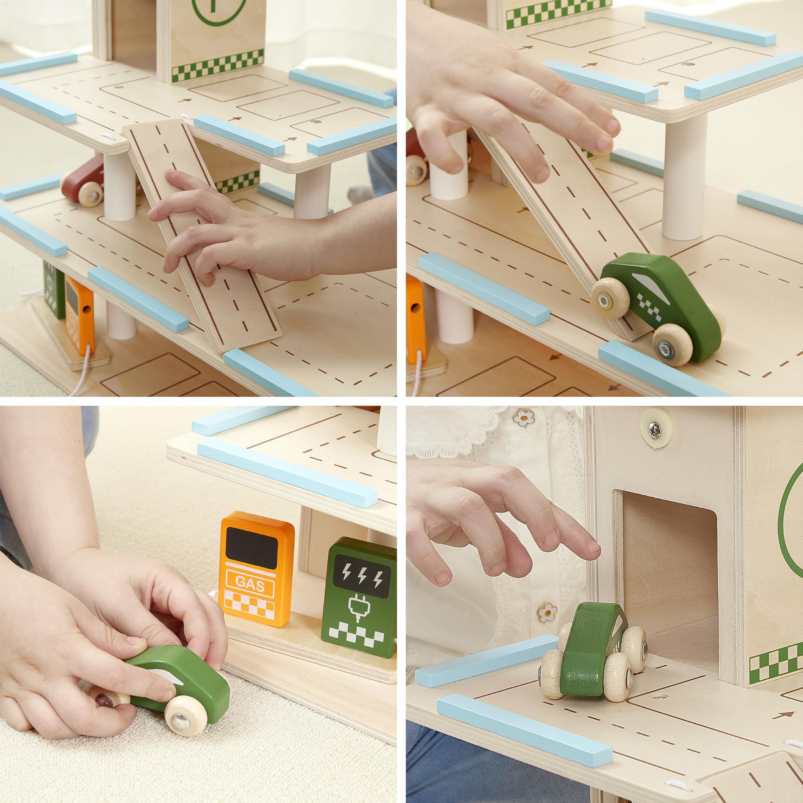 Little Log Garage di Parcheggio in Legno con Accessori per Lavaggio Auto Garage da Gioco con Ascensore Elicottero Set di Giocattoli di Garage in Legno 3 Piani con 21 Pezzi per Bambini e Bambine dai 3