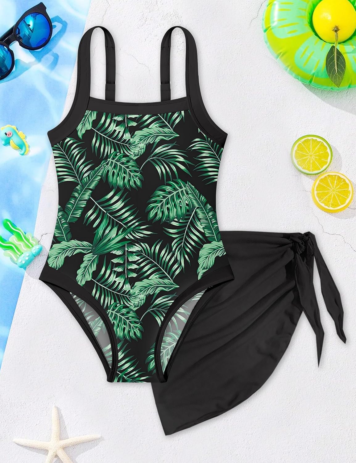 Shallmu Girls Swimsuits Color Block Adjustable Thick Strap One Piece Bathing Suits with Cover Up Skirt Girl's Swimwear 9-16Y - Image 6