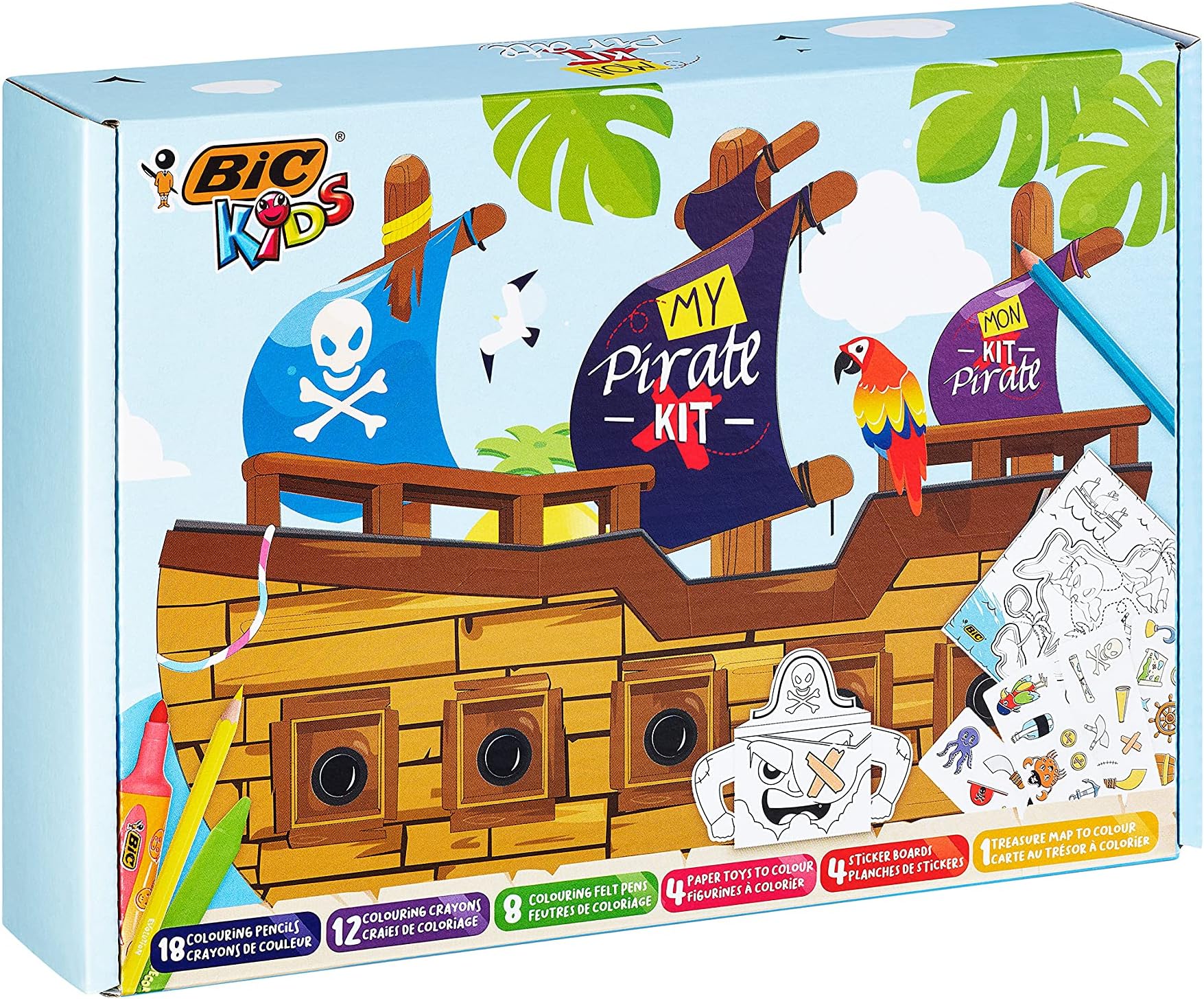 BicKids My Pirate Kit: Colouring Crayons and Pencils, Paper Toys, Sticker Sheets, Treasure Map - Assorted Colours, Box of 47, 990131