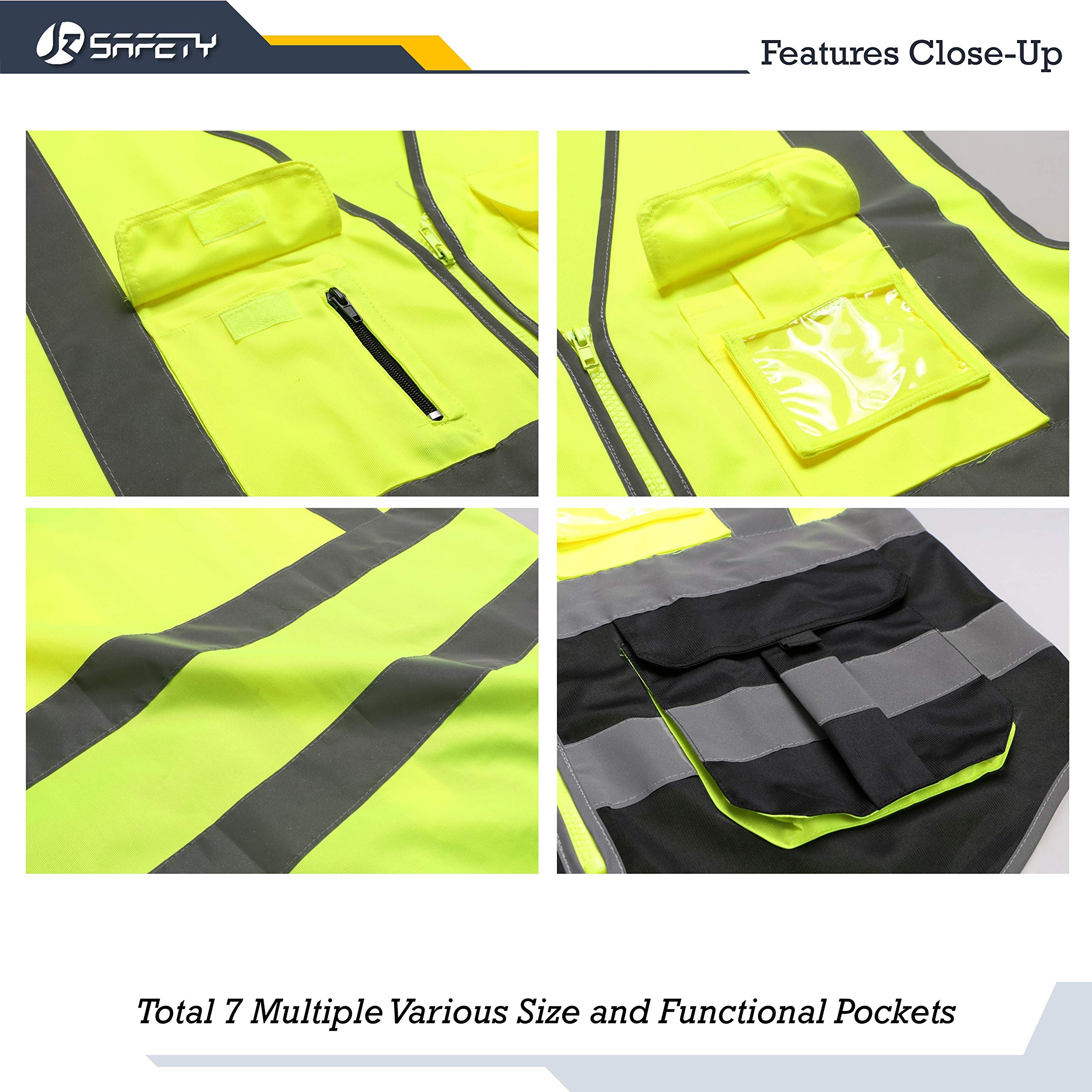 JKSafety 7 Pockets High Visibility Zipper Front Safety Vest With
