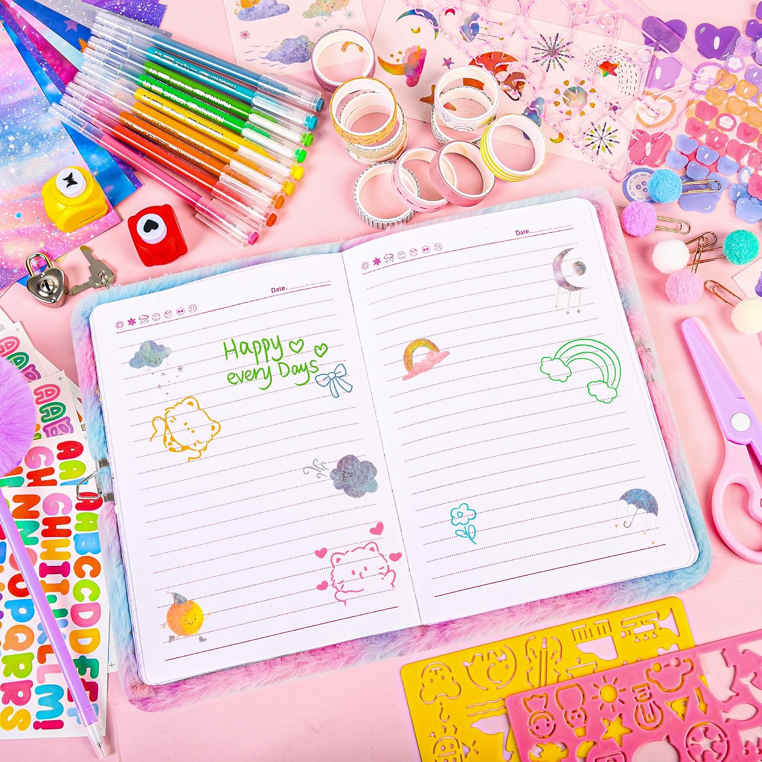 LiYiQ Plush Mermaid Diary Gift Travel Journal Secret Diary with Scrapbook Paper Stickers Journal Stencils Pompom Pen and Washi Tape Practical Set Gift for Birthday Christma image 3