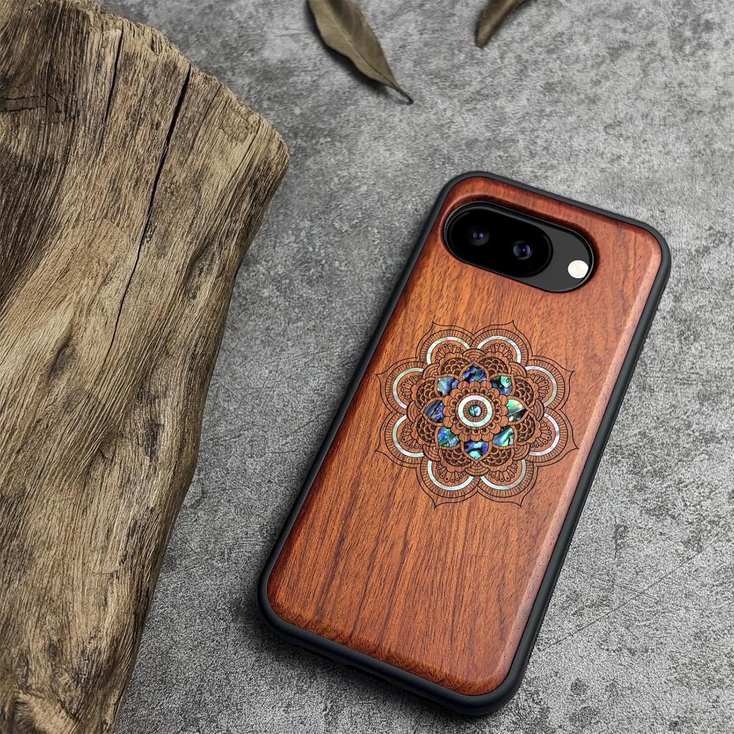 Carveit Magnetic Wooden Case for Google Pixel 10a Case, Wood Artisan Engraved & Handmade Shell Inlaid, Compatible with MagSafe Wireless Chargers (Mystic Floral Harmony) Rosy