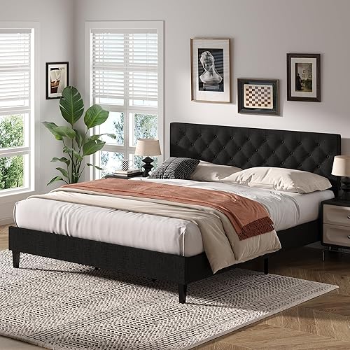Miniatura 163 de BarnFurin Base de cama de tamaño matrimonial con cabecero, cama de plataforma tapizada con cabecera capitonada con botones ajustables, marco de cama