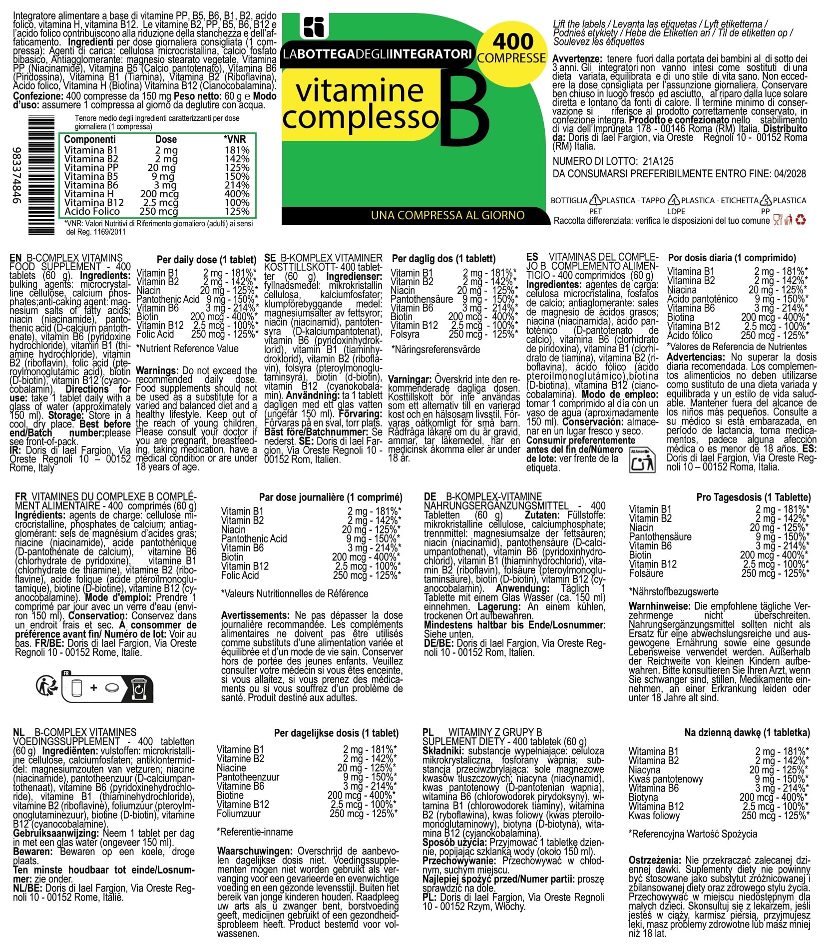 Vitamina Complesso B 4000 Compresse 1 al Giorno | non di origine animale | Gruppo B Completo ad Alto Dosaggio | Stanchezza Affaticamento | Sistema Immunitario | Energia | Senza Glutine e Lattosio