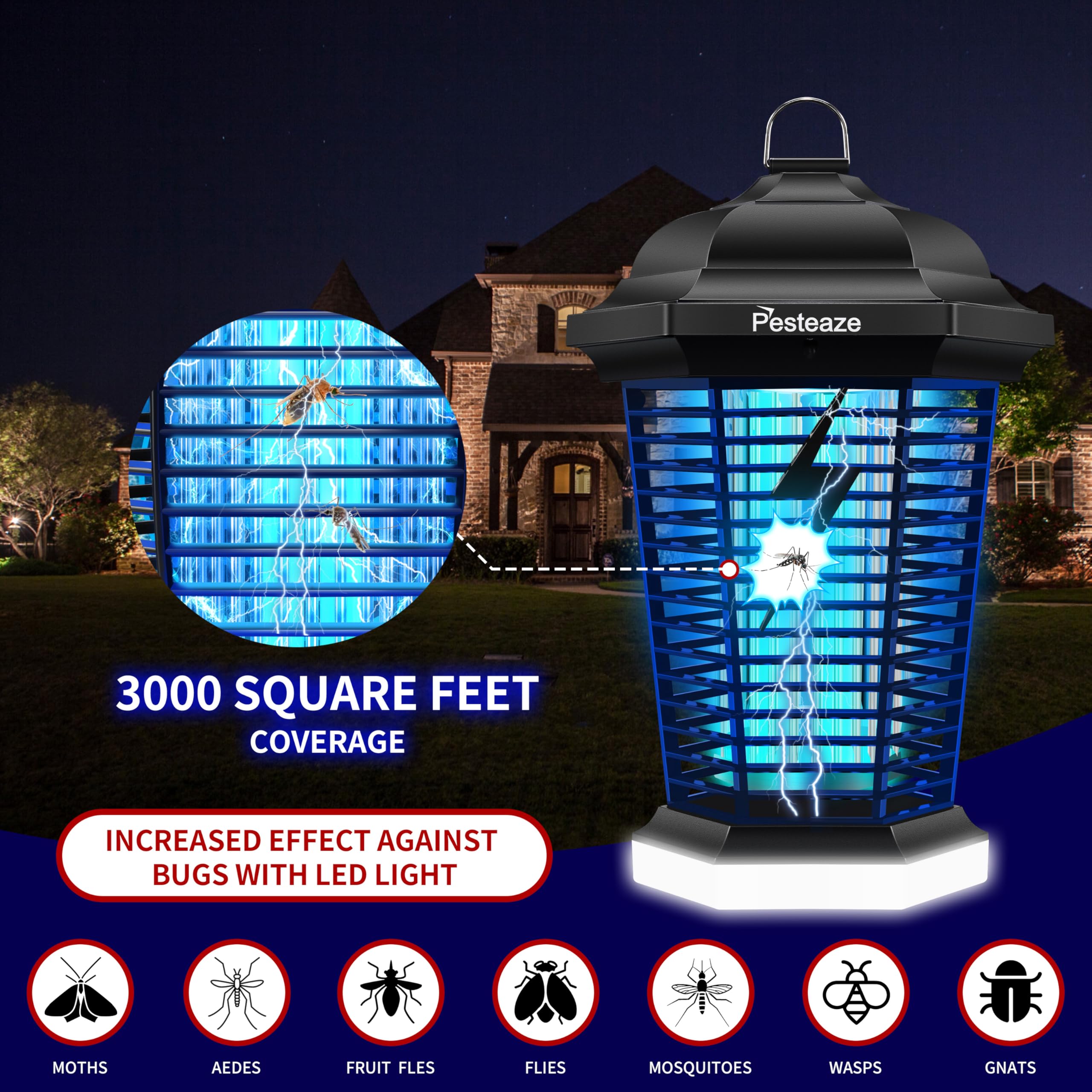 Bug Zapper Outdoor Zapper mit LED Licht, 5600 V - Elektrischer Fliegenzapper steckbar, 3-zackiger Stecker, Mückenspender, Fliegenfalle, Fliegenfalle, Fliegenfalle für Innen u