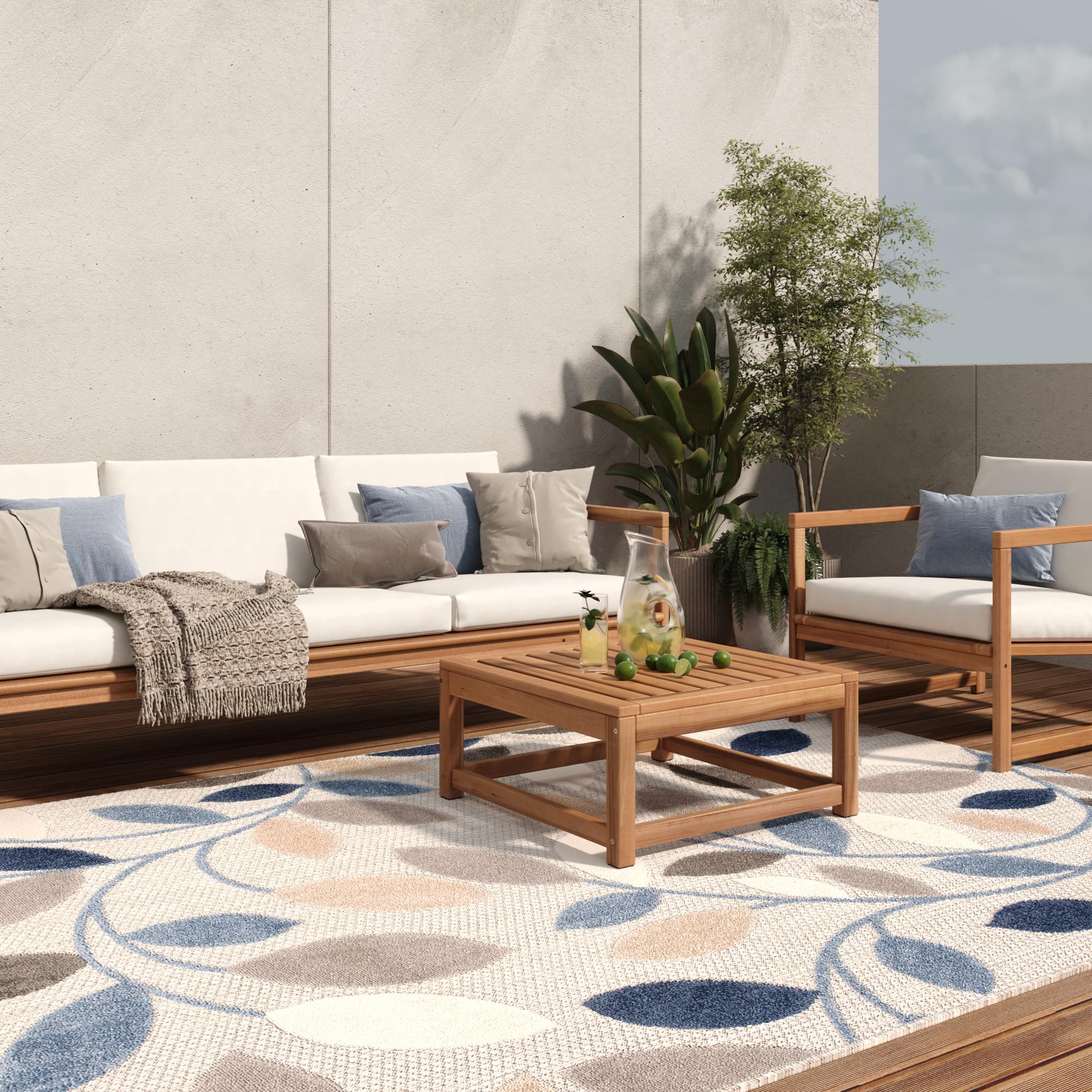TAPISO Alfombra para terraza, Exterior, Interior, terraza, balcón, jardín de Invierno, Cocina, salón, Moderna, Beige, Azul, Gris, Hojas, Aspecto 3D, Resistente a la Intemperie, Oeko-Tex, 200 x 300 cm