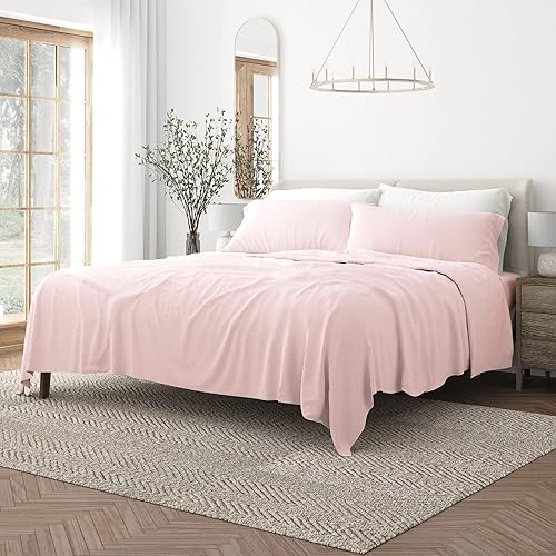 Merit Linens Sábanas de cama transpirables estilo hotel tamaño Queen juego de sábanas de 4 piezas con patrón rosa de bolsillo profundo sábanas