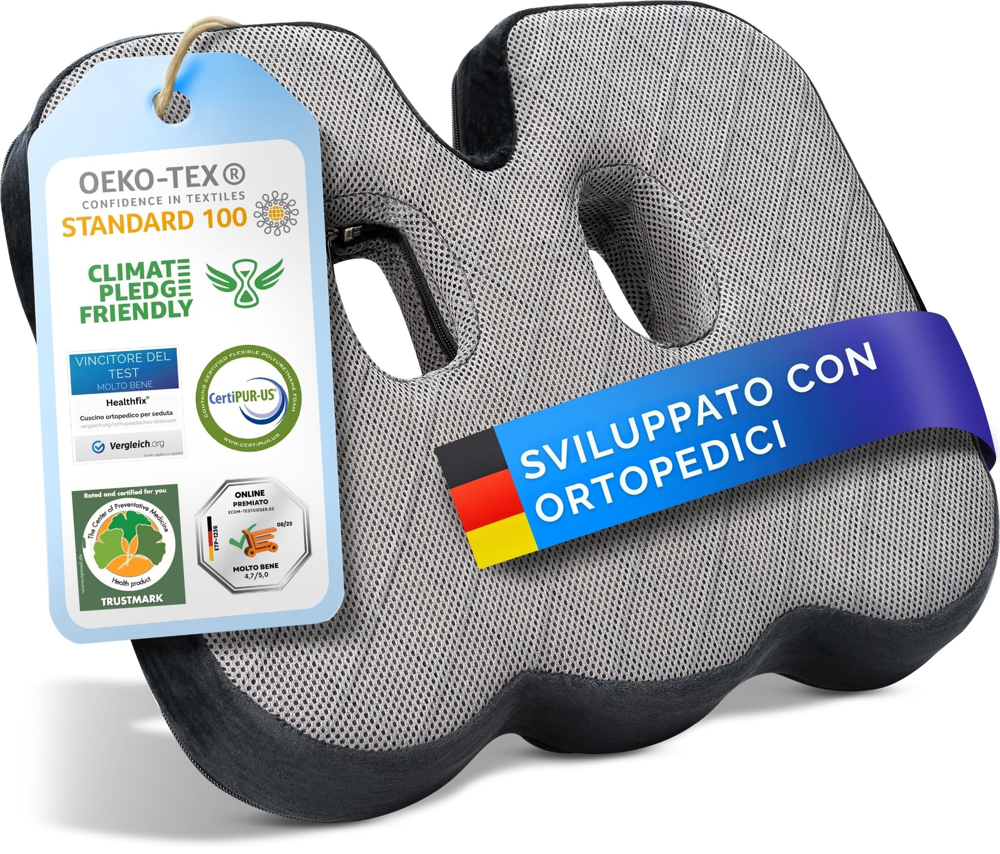 Healthfix® Cuscino Ortopedico Coccyx – Cuscino Seduta Memory Foam Ergonomico con Fodera Traspirante e Base Antiscivolo – Per Sedia Ufficio, Gaming, Sedile Auto e Casa