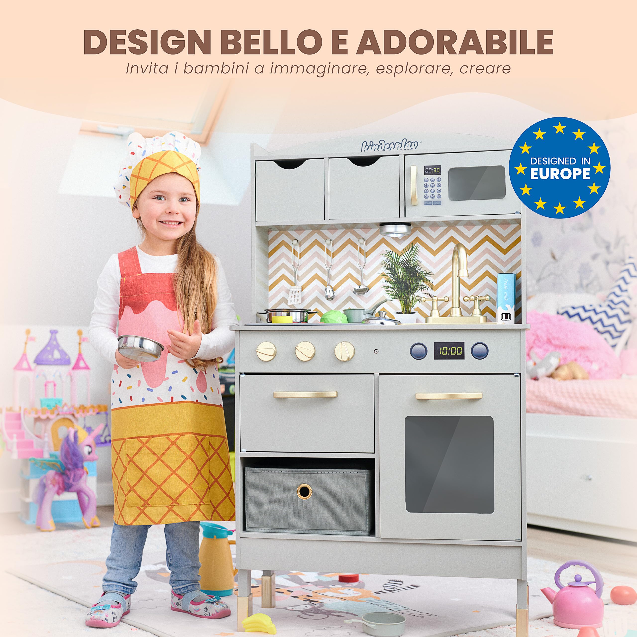 Kinderplay Cucina Giocattolo in Legno – Luci LED & Suoni Realistici – Altezza Regolabile 92–107 cm – Accessori Inclusi & Frutta da Tagliare – 60x30 cm – 3+ Anni