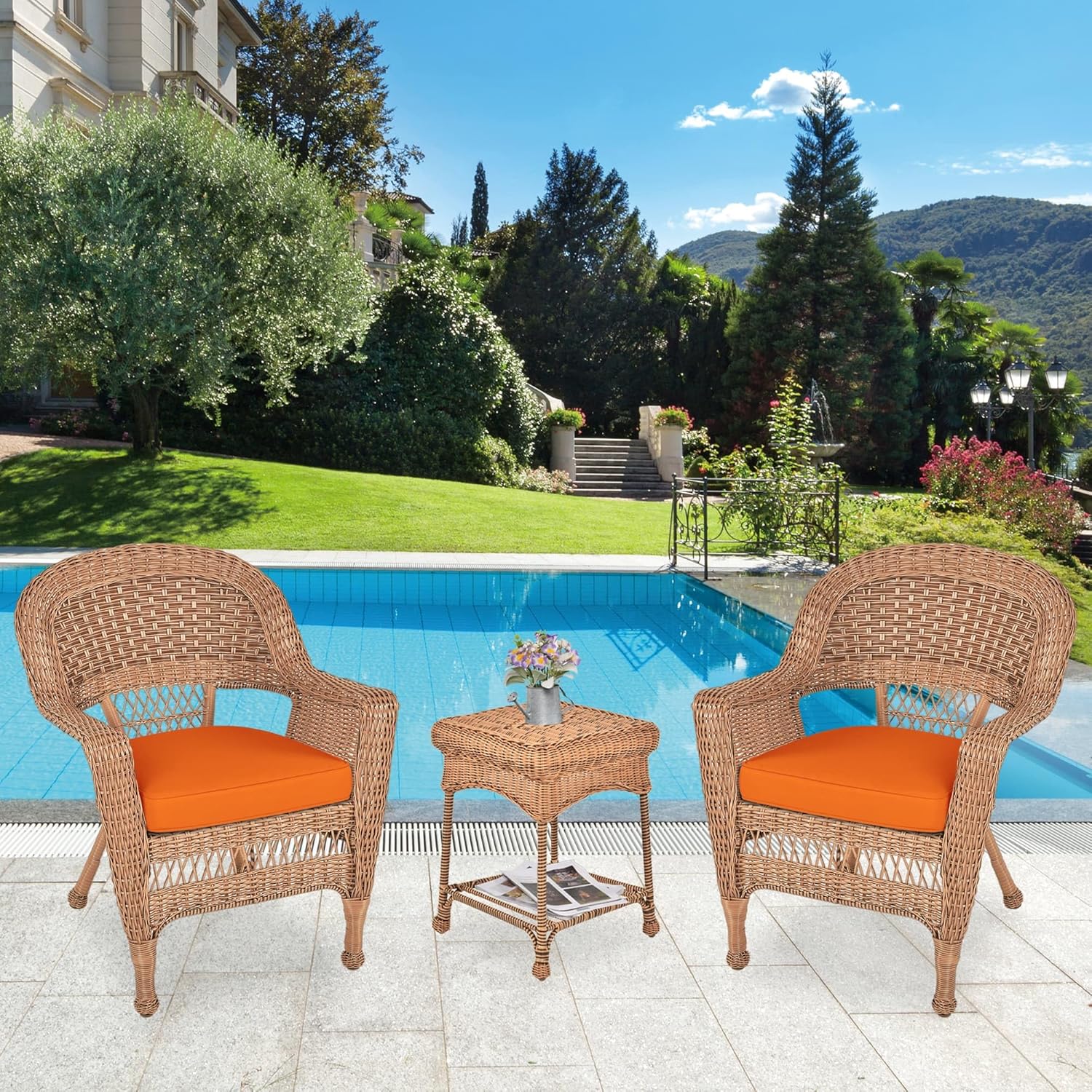 Jeco 3 Piece Wicker End Table Set with with Orange Chair Cushion, Honey