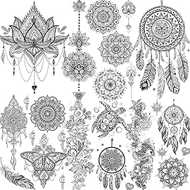 6 Sheets FANRUI Black Henna Temporary Tattoos For Women Lace Mehndi Mandala Flower Tatoos Ink Large Waterproof Lotus Fake Jewelry Pendant Butterfly Tattoo Stickers Kit Wedding Dreamcatcher Feather