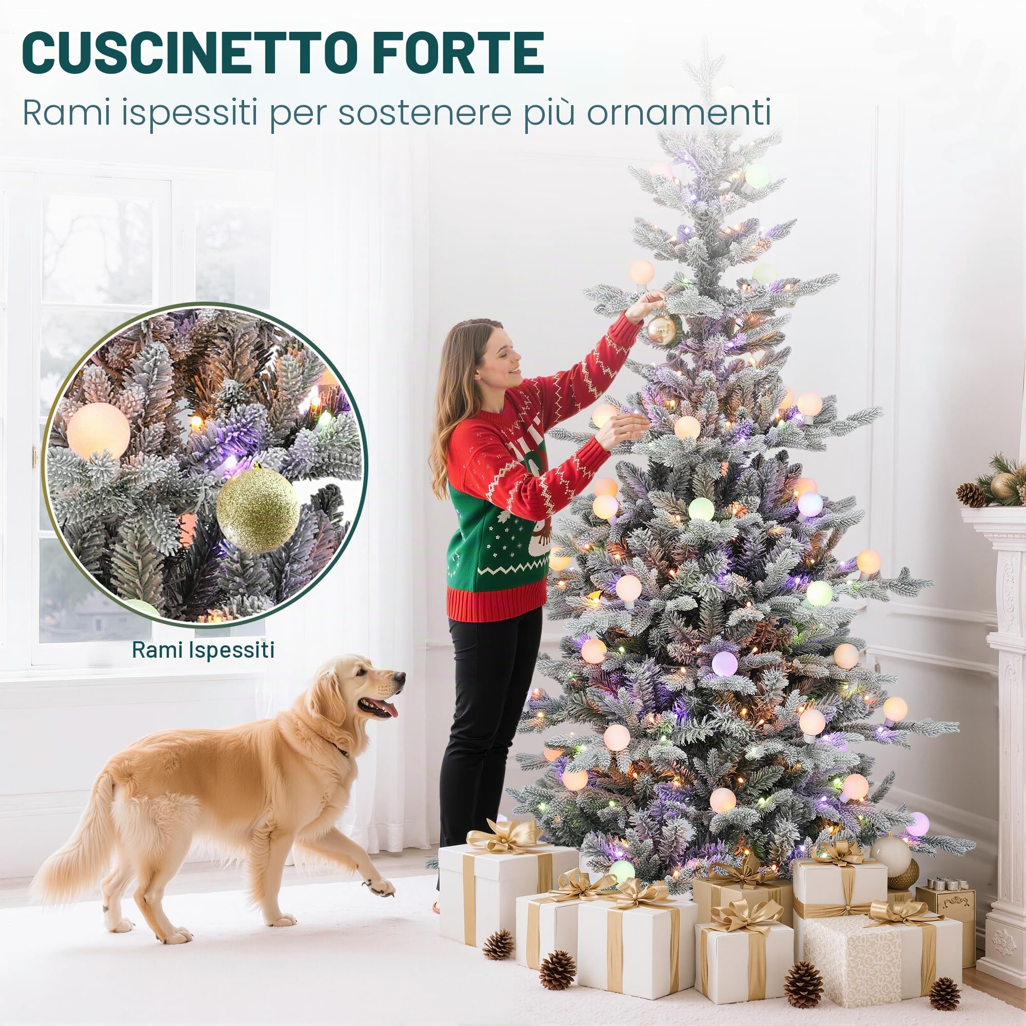 YITAHOME Albero di Natale artificiale da 180 cm con telecomando, albero innevato con tecnologia a cerniera, 1338 punte di rami, 270 luci bianco caldo e multicolori con paralumi rimovibili, 11 modalità