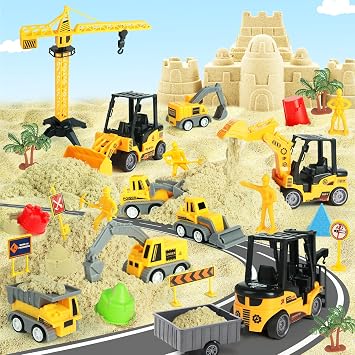 Magic Sand Construction Kit With Trucks, Foldable Sandbox For Kids 3-8 | 36pcs Sensory Play Set Includes Trucks, 2.2 Lbs Magic Sand, Molds & Road Signs Foldable Sandbox, Great Creative Toy For Kids