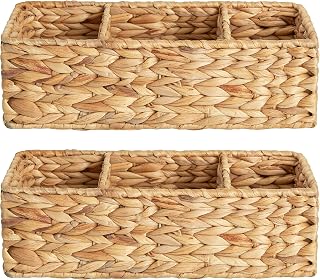 StorageWorks 3-Section Water Hyacinth Wicker Toilet Tank Topper Baskets, Shelf Organizer for Toilet Paper & Essentials, 2-Pack