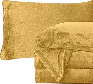 Elegant Comfort Luxuriously Soft 4-Piece Velvet Plush Flannel Sheet Set - Premium Quality - Cozy Warm, Anti-Static, Non Pilling Fuzzy Velvet Flannel Fleece Deep Pocket Sheet Set - Full, Gold