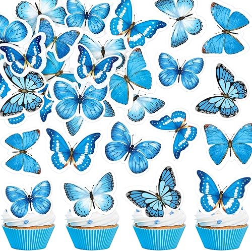 Cyodoos Paquete de 30 adornos de mariposa 3D de color cian con borde dorado, tamaño mixto para cupcakes para niñas y mujeres, feliz cumpleaños,