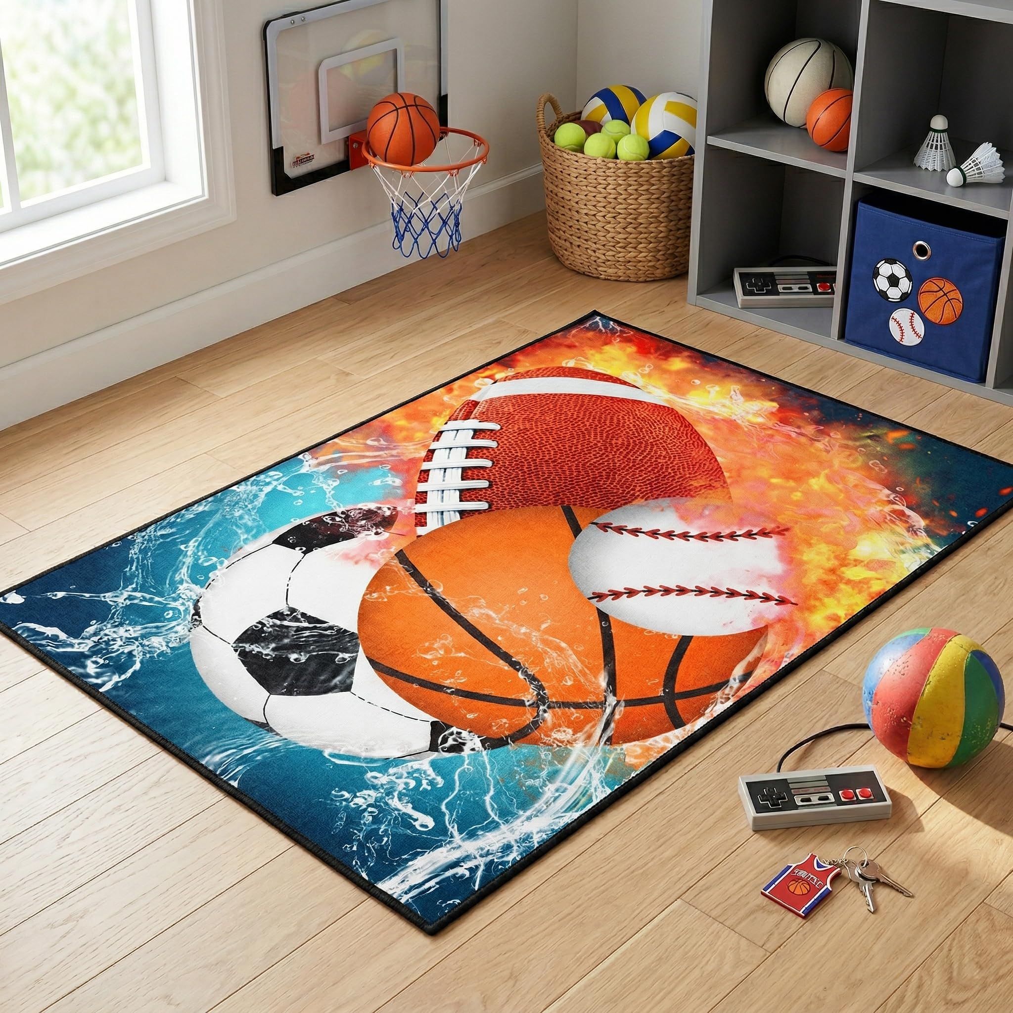 Basketball Rug for Boys Bedroom Kids Football Carpet Water Fire Sports Rugs for Boys Bedroom Baseball, Soccer Rug for Playroom Living Room Decor Sofa Mat, 2.5x4 Feet