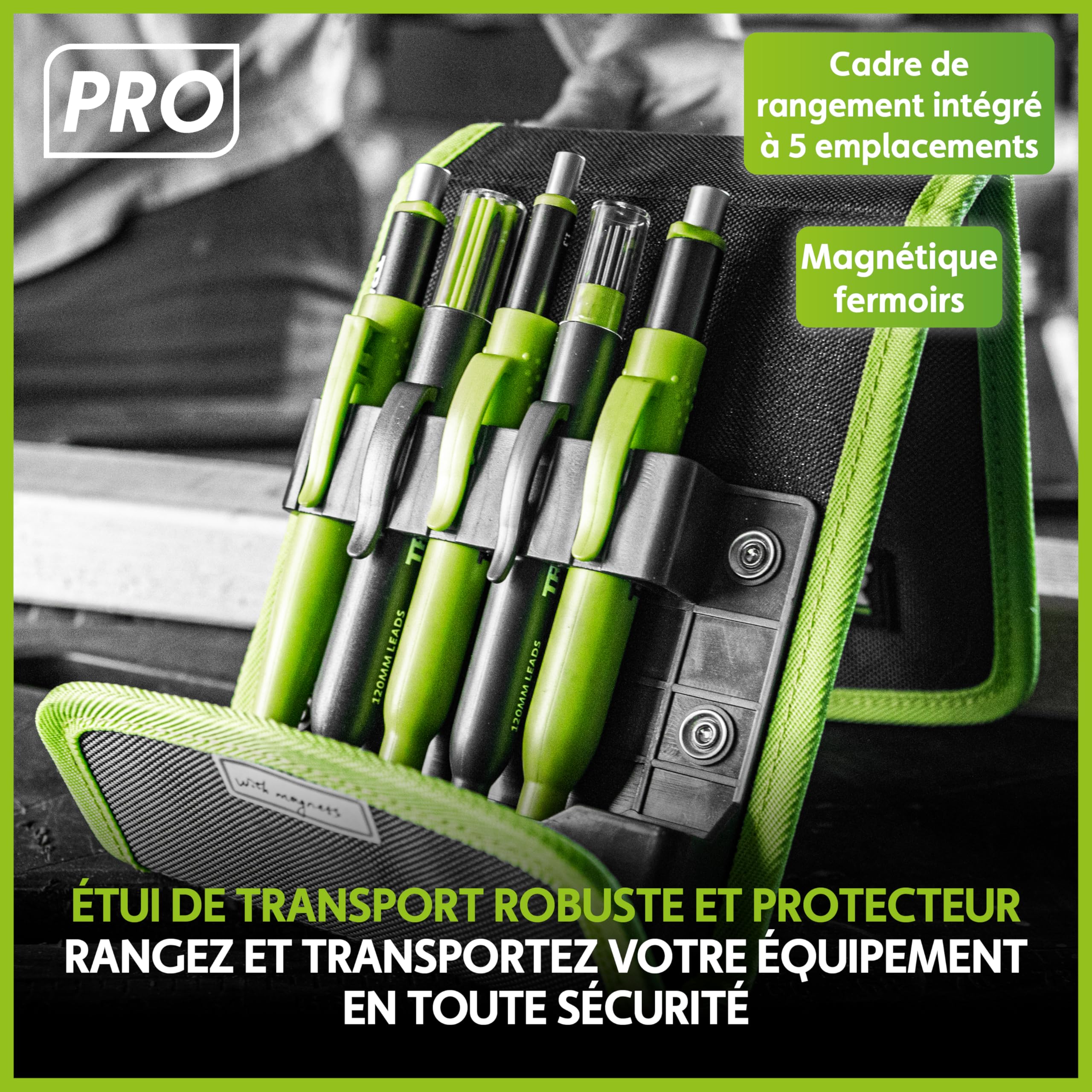 Tracer Pro Series – Kit de 5 marqueurs de construction avec étui de rangement – Crayon de charpentier à trou profond, crayon de précision, crayon résistant et distributeurs de mines de rechange