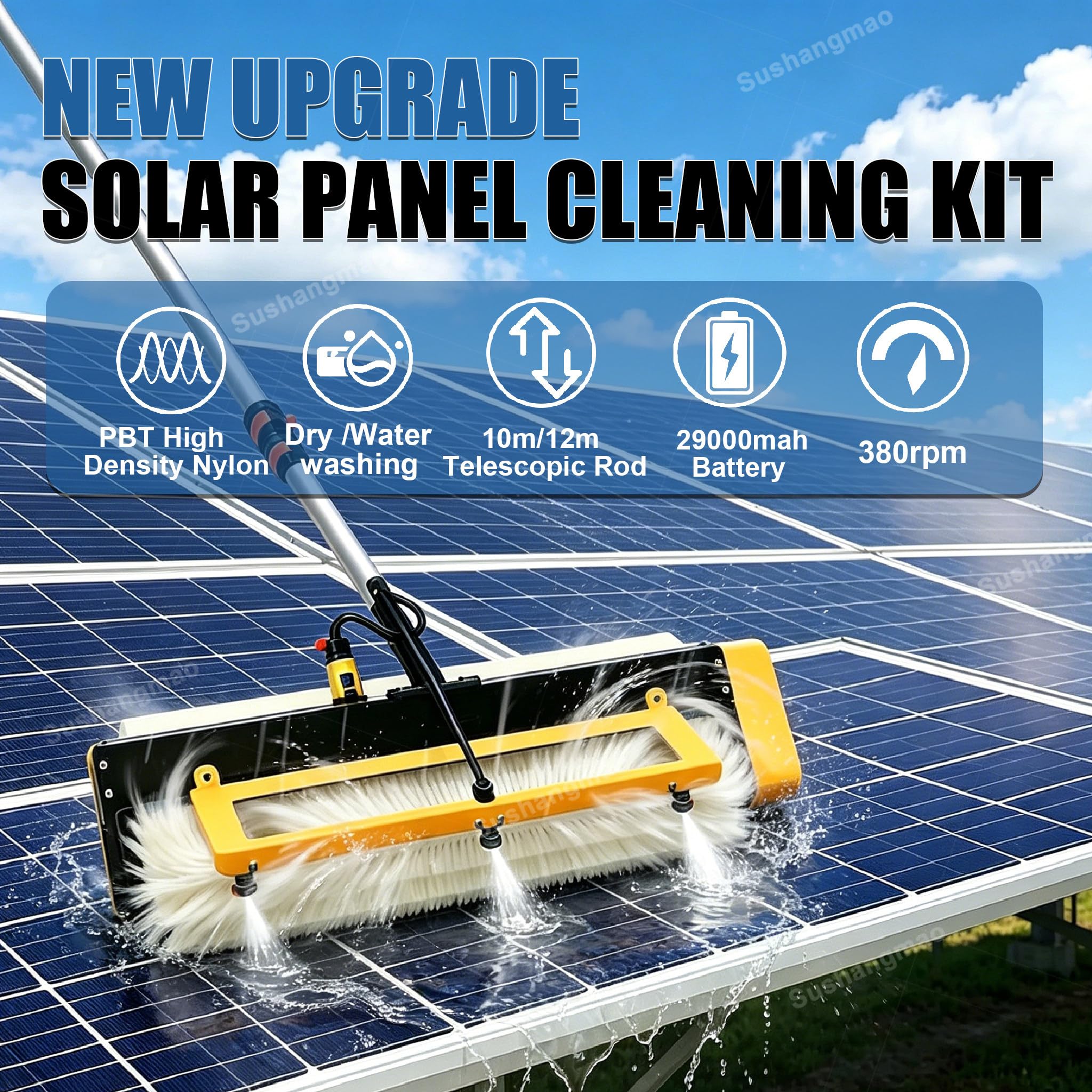 Kit De Limpieza De Paneles Fotovoltaicos – Con Batería 29.000 Mah, Cepillo 60 Cm A 380 Rpm, Raspador Trasero De Silicona, Pértiga De Fibra De Carbono – Limpiador Fotovoltaico Mains-10m(32.8ft)