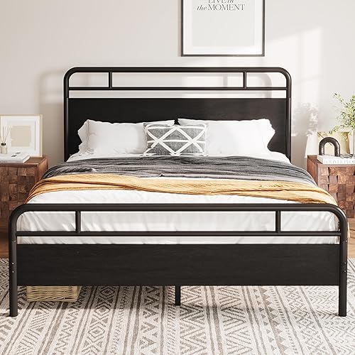 Miniatura 9 de Allewie Base de cama de plataforma de tamaño matrimonial con cabecera y estribo de madera, soporte de 13 listones de metal resistente,