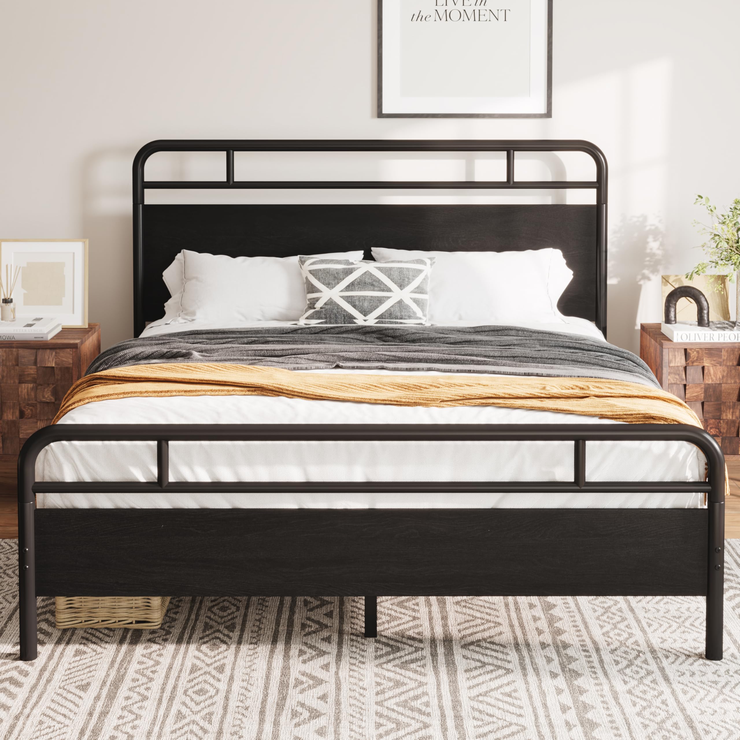 Allewie Full Size Platform Bed Frame with Wooden Headboard and Footboard, Heavy Duty 13 Metal Slats Support, Under-Bed Storage, No Box Spring Needed, Noise Free, Easy Assembly, Black Oak