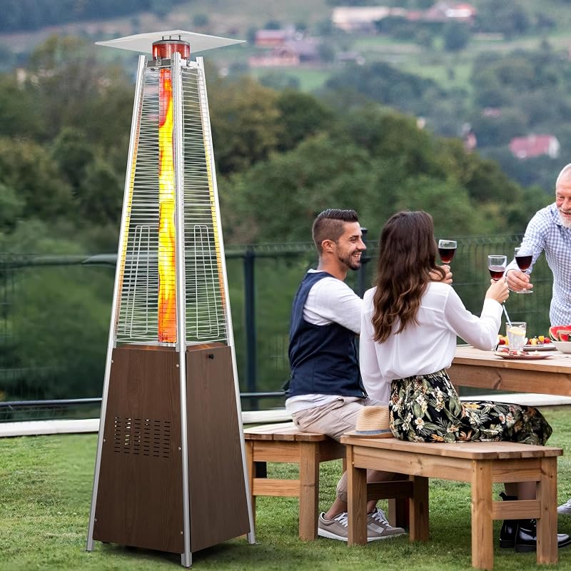 NUU GARDEN 48,000 BTU Pyramid Propane Heater Outdoor Patio Heaters with Wheels, Patio Heater with Glass Tube Deck Porch for Outdoor Use Camping Backyard, Stainless Steel Burner, Wood-Grain Finish