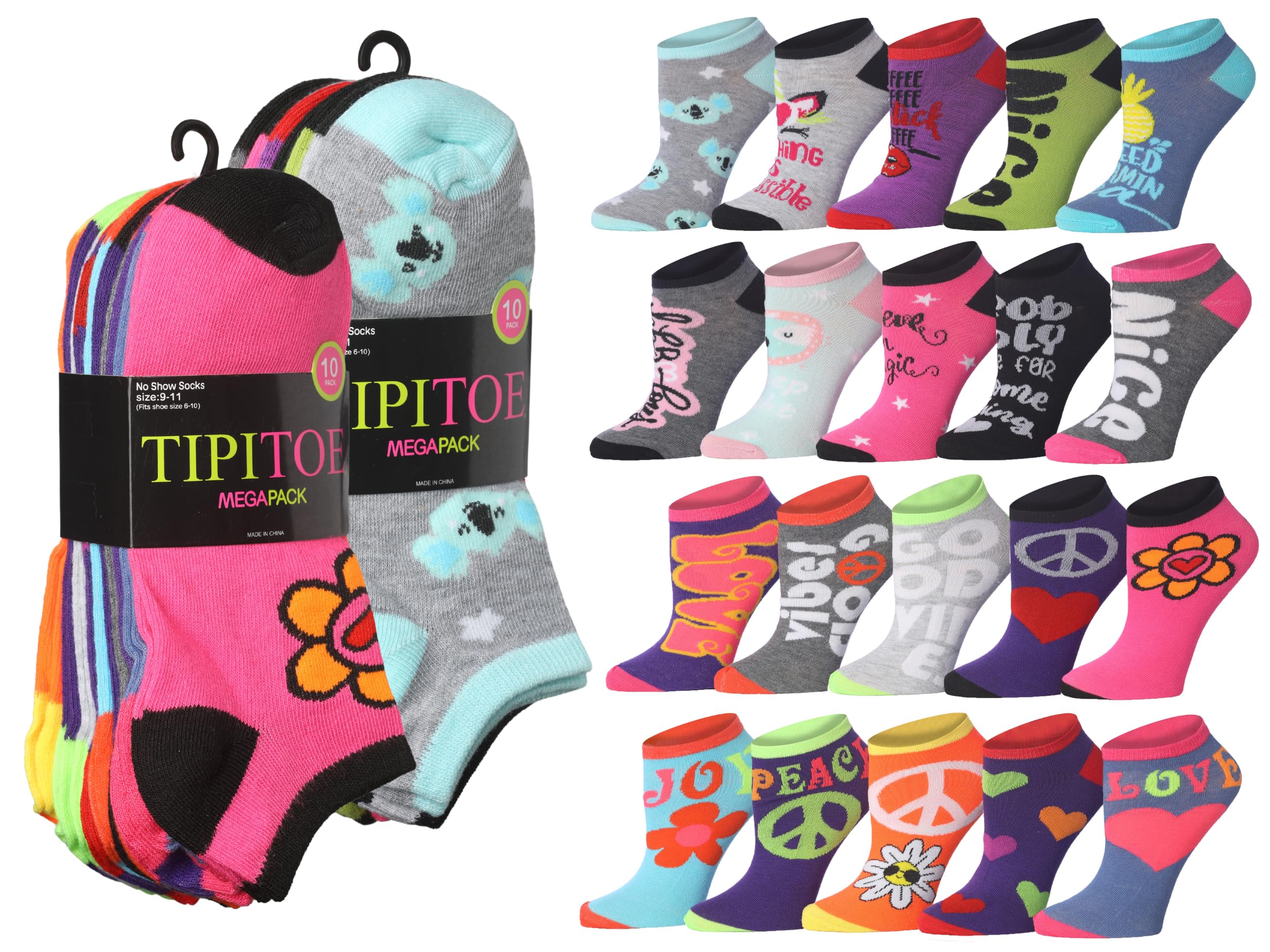 Tipi Toe Women’s 20 Pack Colorful Low Cut Socks – Lightweight, Breathable Design for All-Day Comfort Sizes 9-11/10-13