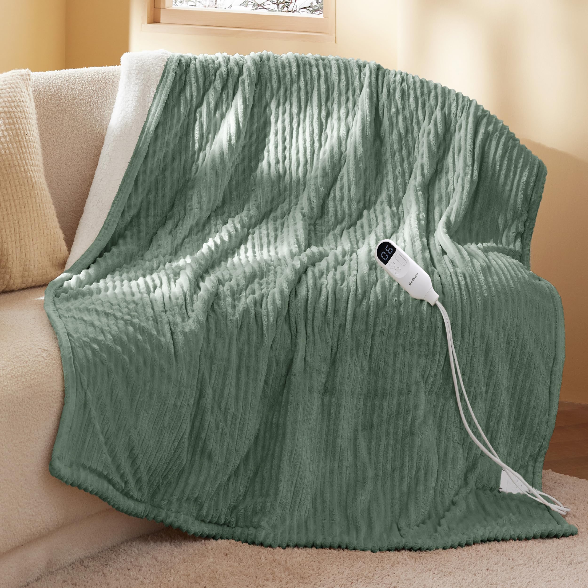 Bedsure Ribbed Heated Blanket Throw, Green Electric Blanket, Preheat