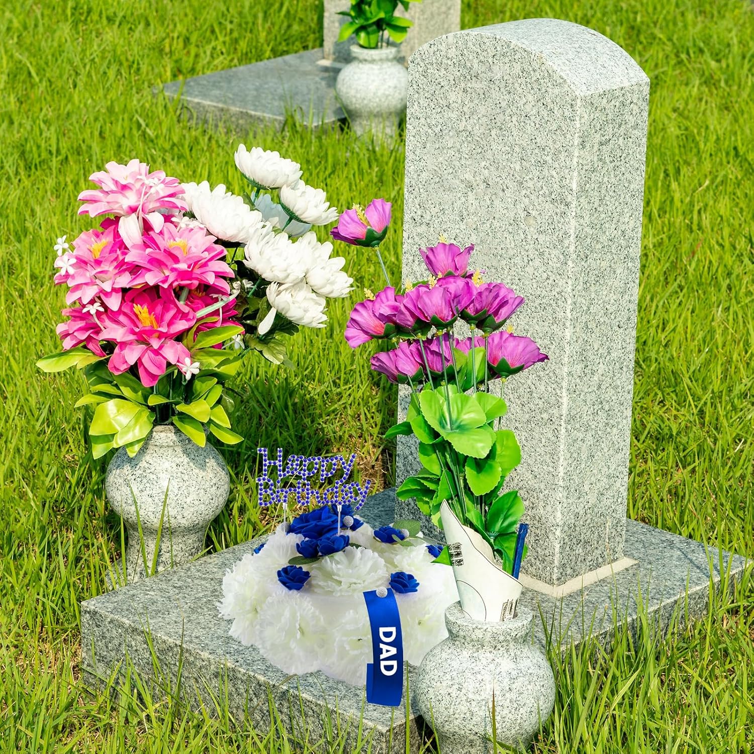 Cemetery Memorial Artificial Flower Cake - Elegant Ivory Carnations & Blue Roses with Sparkling Happy Birthday Insert-Suitable for Grave Headstones Gravesite Decorations Sympathy Gifts
