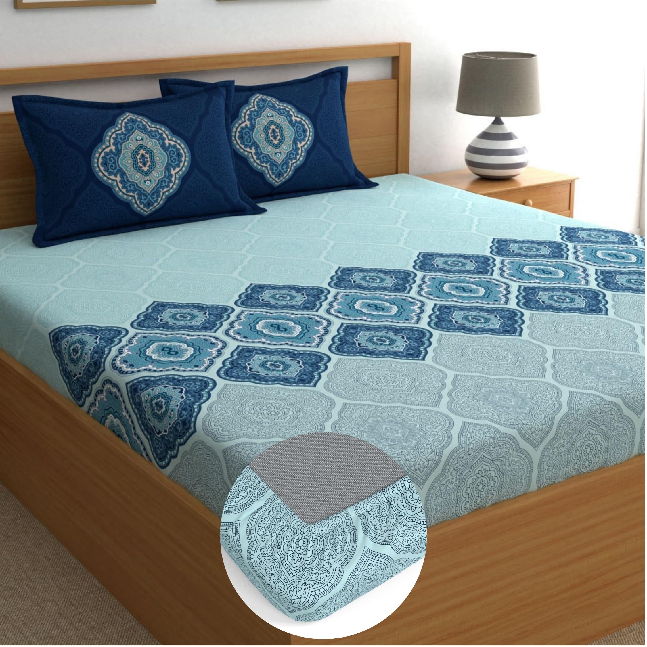 Dreamscape 100% Cotton Queen Fitted Bedsheet with 2 Pillow Covers - (Size 60 x 78 inches, 140 TC, Colour - Blue)-image-25