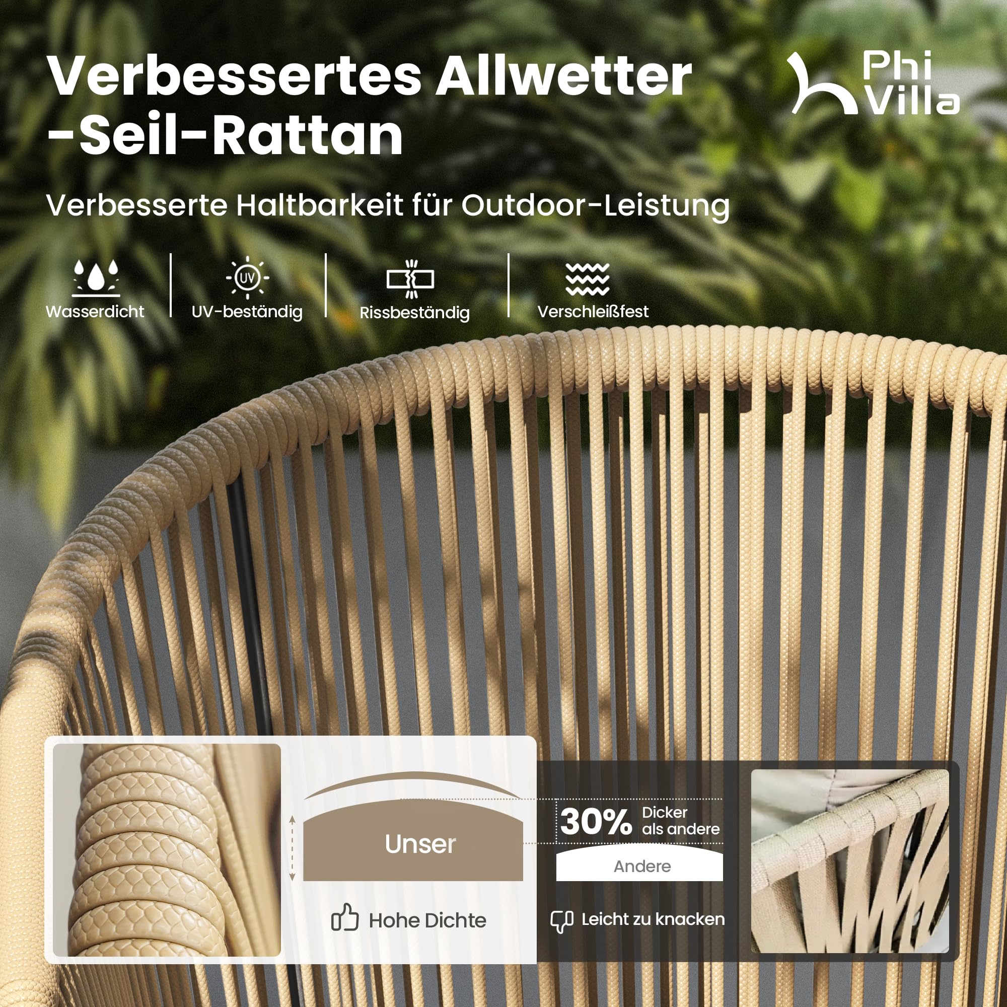 PHI VILLA Gartenstühle 4er Set, Rattansessel Gartensessel Balkonstuhl Outdoor Sessel Loungesessel, Wetterfest Terrassenstühle mit Kissen & E-Beschichtung Metall für Hinterhof Balkon Terrasse, Beige