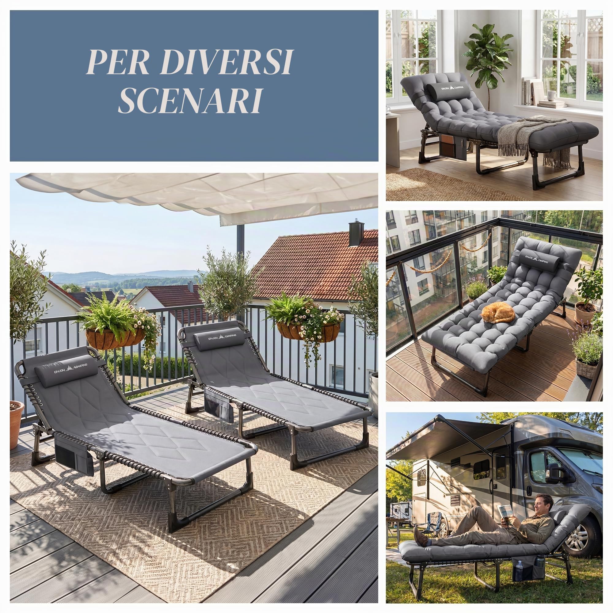 UDPATIO Lettino da campeggio pieghevole con cuscino imbottito, sdraio da giardino con schienale regolabile, sedia da spiaggia per campeggio all'aperto, grigio