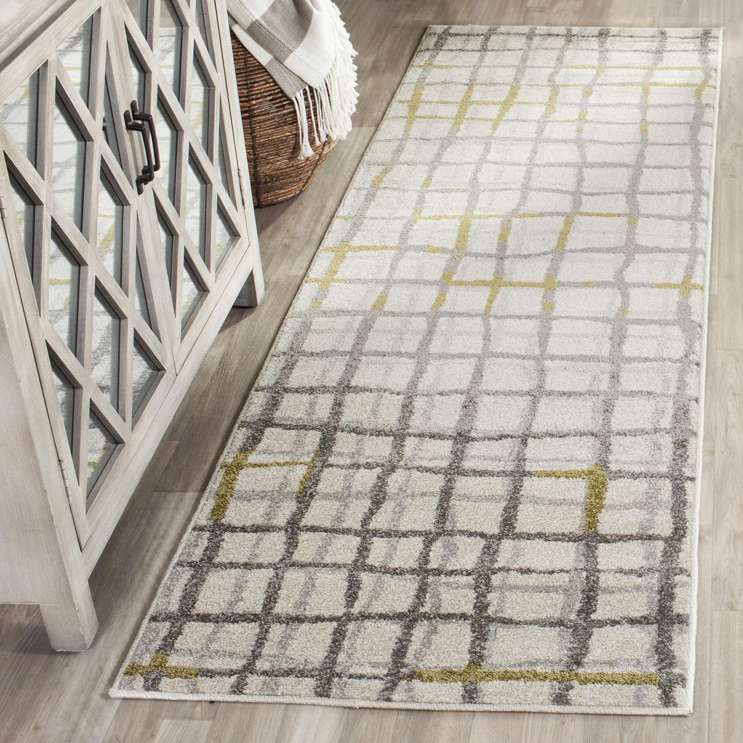 SAFAVIEH Amherst Collection Runner Rug - 2'3" x 7', Ivory & Light Grey, Abstract Grid Design, Non-Shedding & Easy Care, Ideal for High Traffic Areas in Living Room, Bedroom (AMT403K)