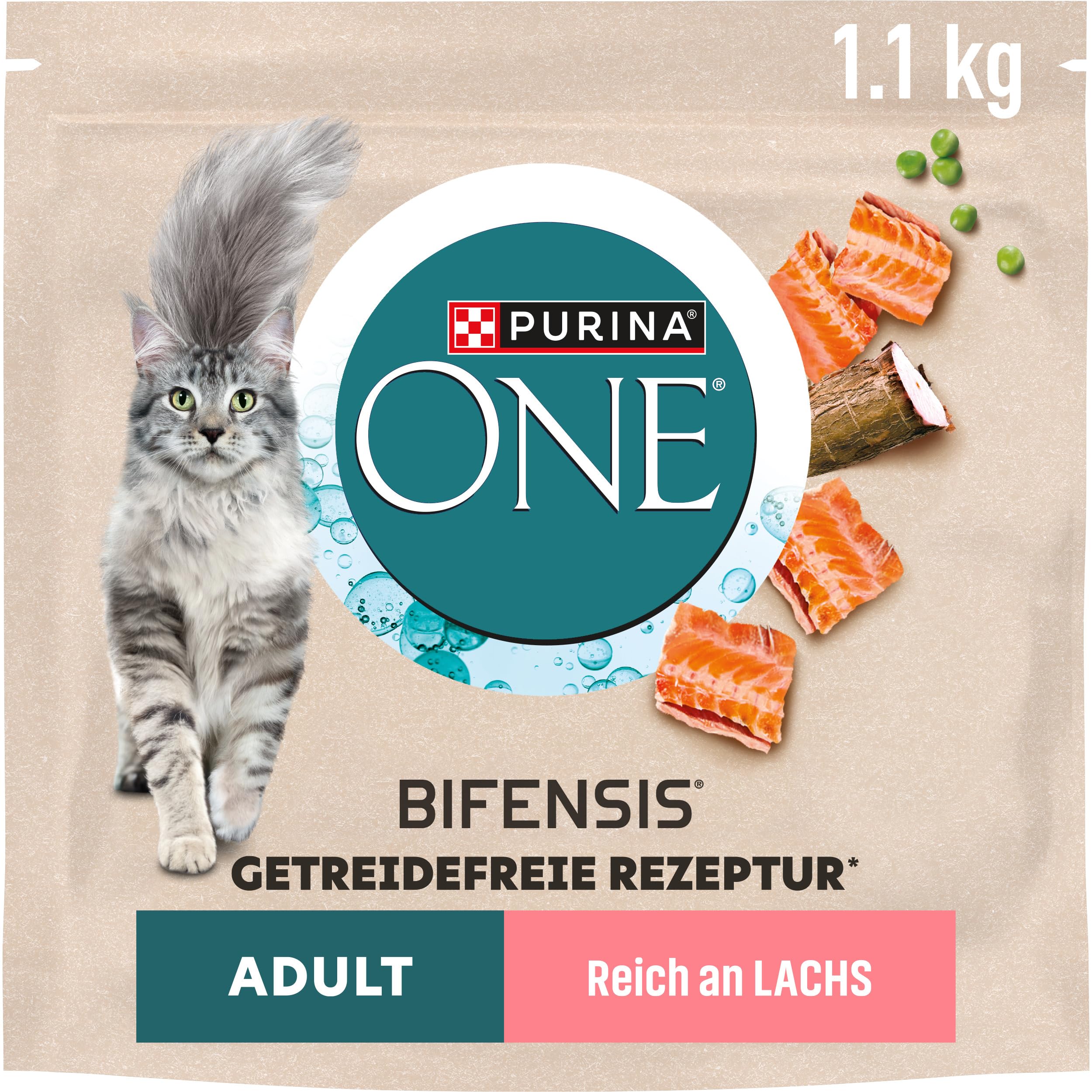 Purina One Grainfree Adult, sucha karma dla kotów, bogata w łososia, dla dorosłych kotów, 6 sztuk w opakowaniu (6 x 1,1 kg)