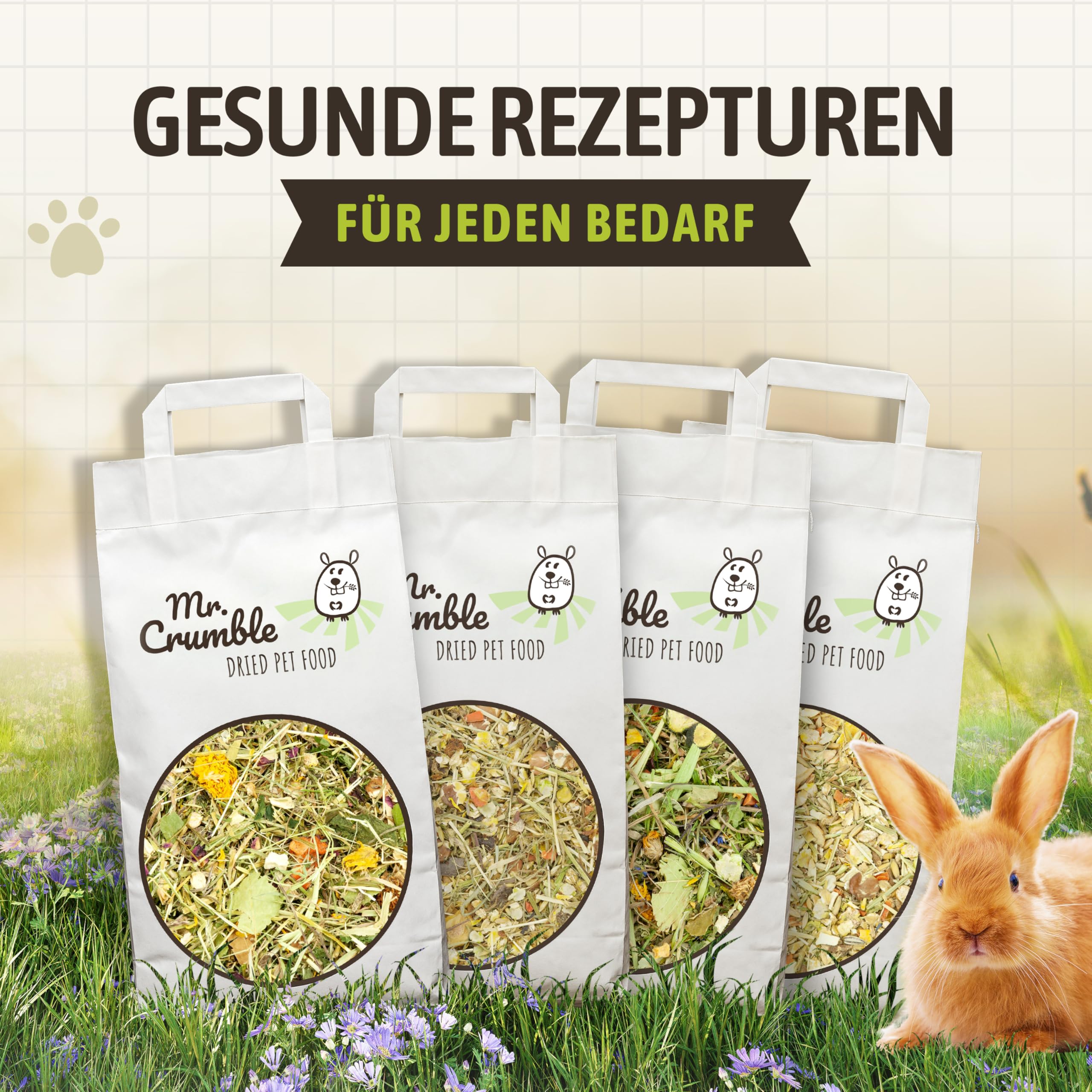 Mr. Crumble Hoppel Mix Kaninchenfutter 5 kg – Kaninchen Hauptfutter für Zwergkaninchen – ohne Pellets, mit Gräsern, Kräutern, Gemüse & Wurzeln – hoher Rohfaseranteil für Verdauung & Zahnabrieb