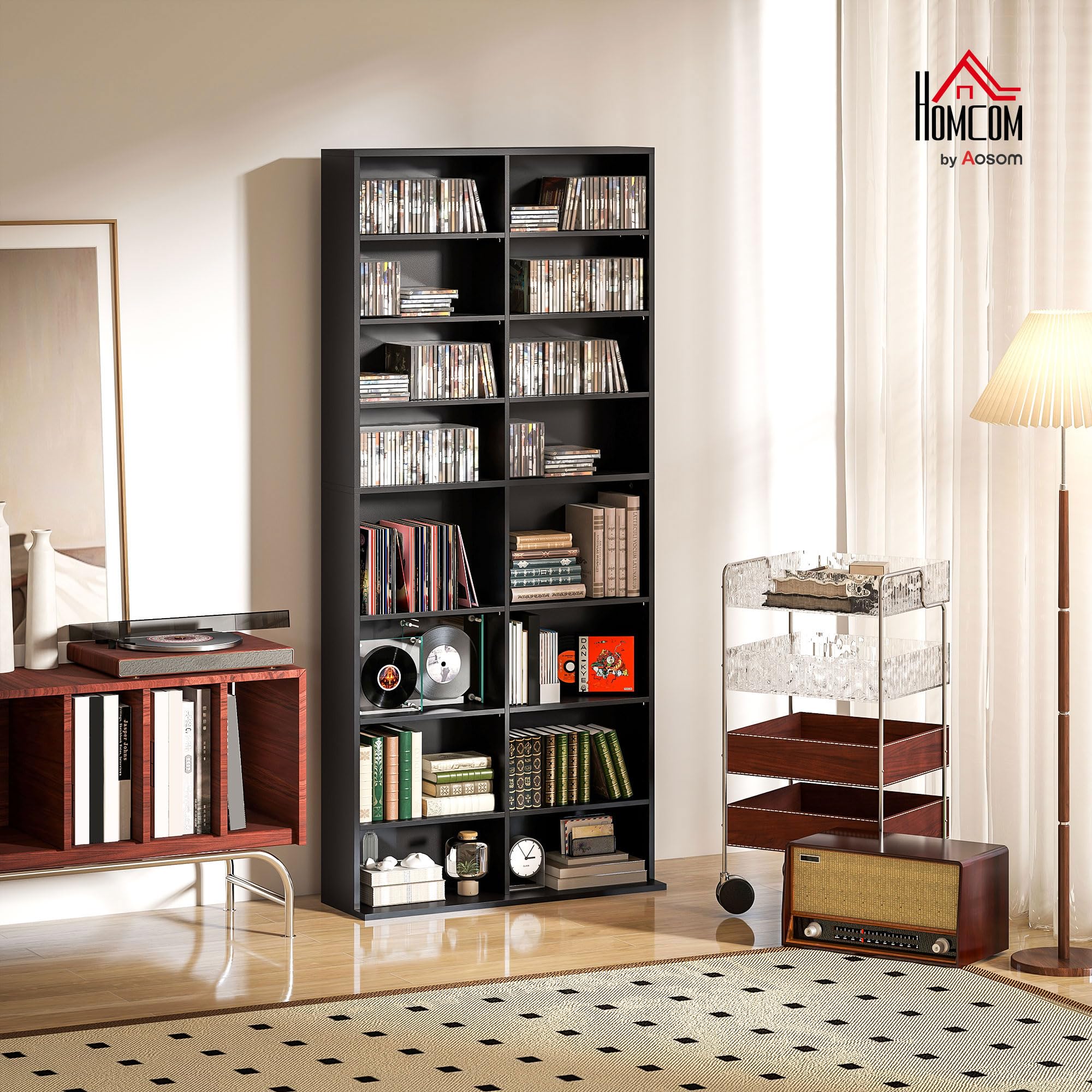 HOMCOM Unidad de Almacenamiento de 640 CD/360 DVD, Estante de Almacenamiento Multimedia BLU-Ray con 18 Compartimentos y 14 estantes Ajustables, Torre de CD para Sala de Estar, Dormitorio, Oficina