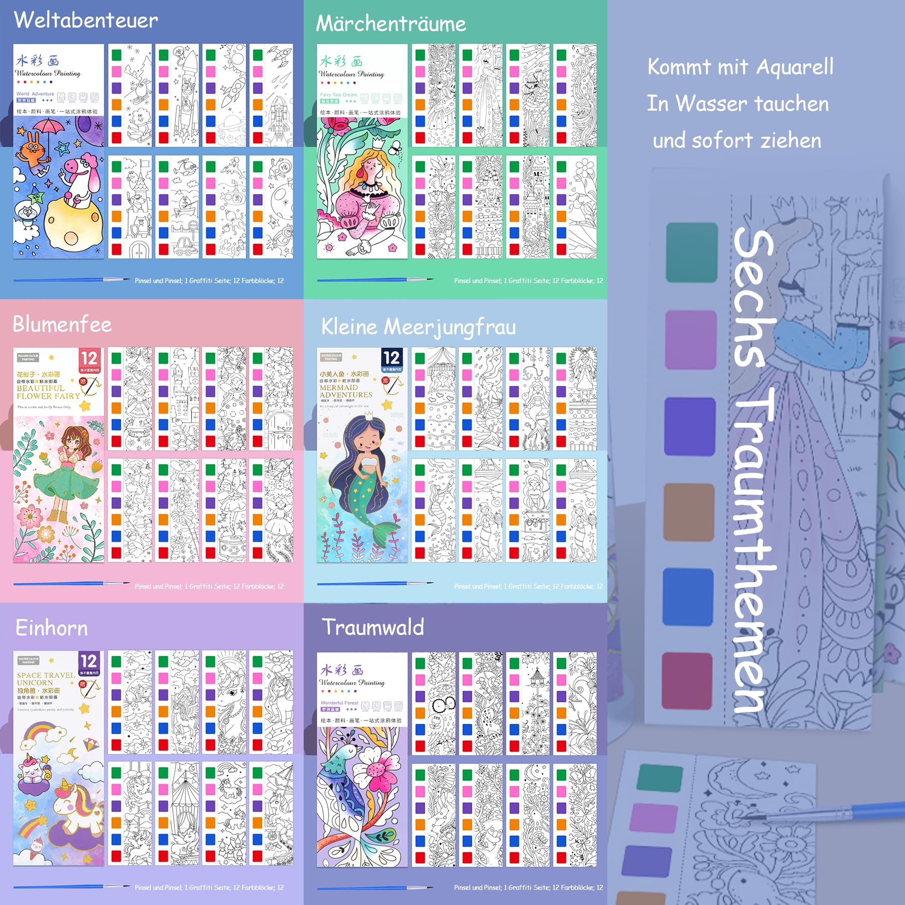 Chiluxendo 32 pagina's aquarelkleuren voor kinderen, waterkleurboek, kinderkleurboeken, kleurboek met waterverf, papier voor aquarelschilderen, schilderen met waterboeken