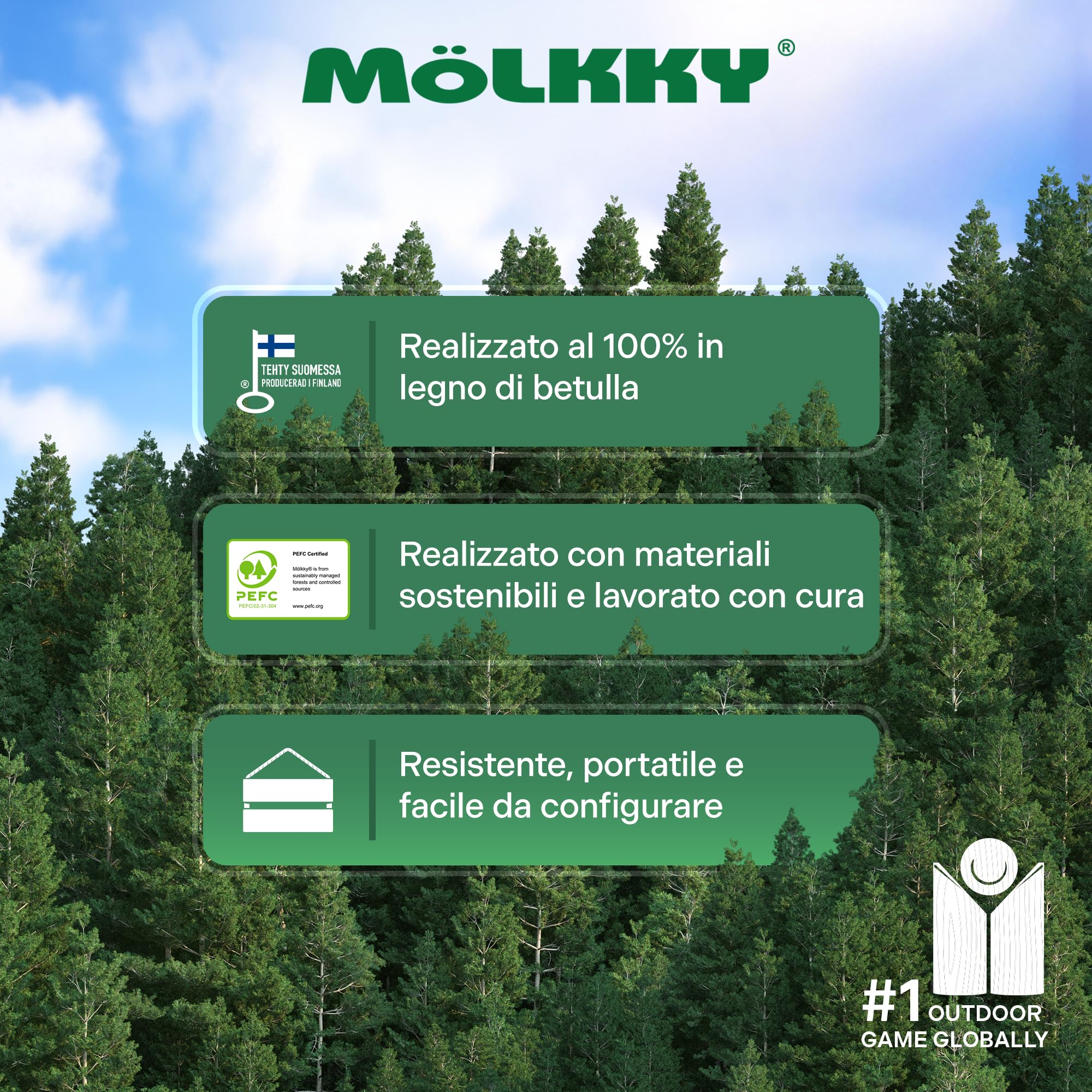 Mölkky Original - Giochi da Lancio all'aperto per Giardino, Spiaggia, Feste - 12 Birilli in Legno di Betulla, 1 Bastoncino, Giochi all Aperto Adulti, Famiglie, Gruppi, 2+ Giocatori, età 6+