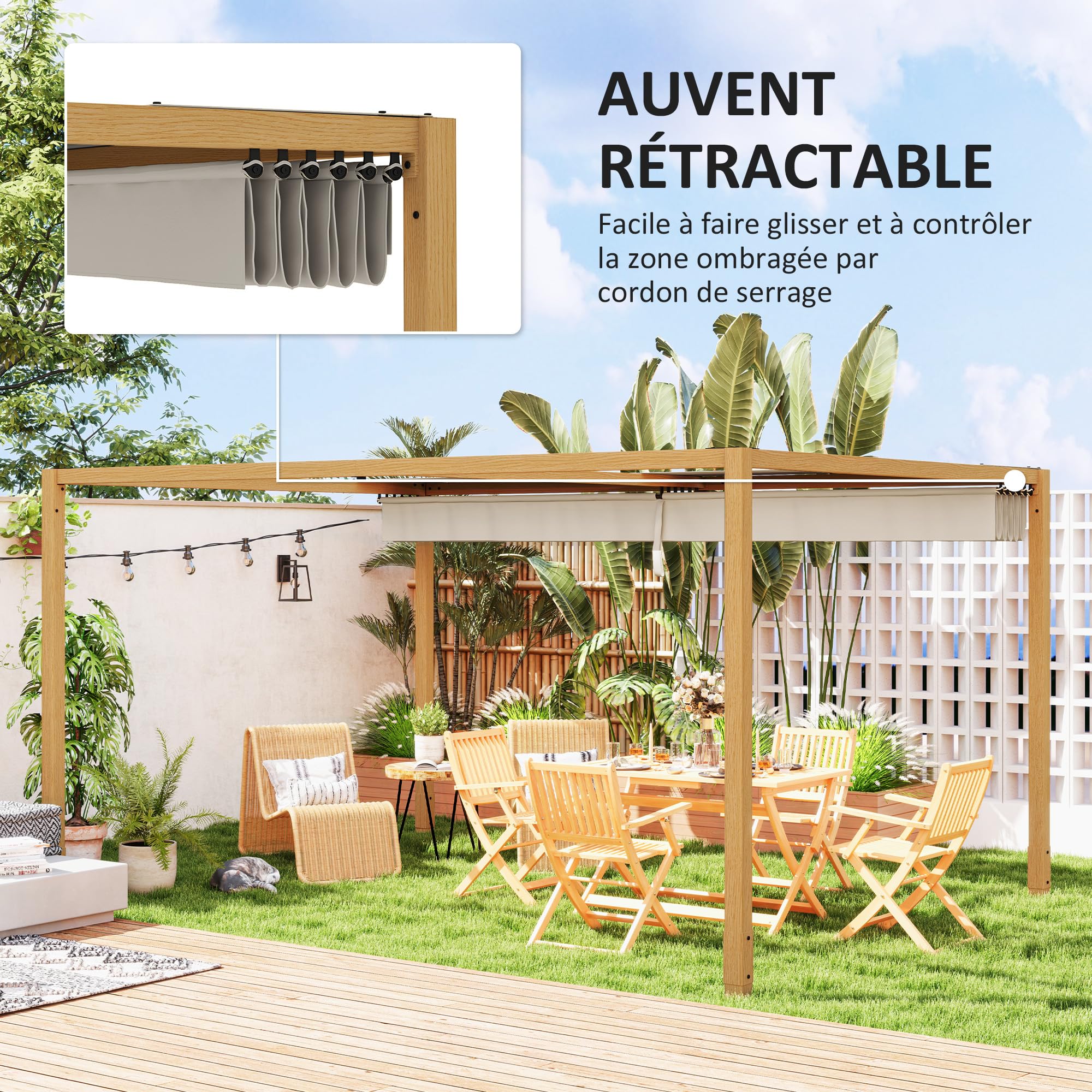 Outsunny Pergola Aluminium pergola Jardin extérieur 4 x 3 m avec Toit rétractable, système de Drainage, tonnelle de Jardin abri Soleil pour terrasse Patio véranda, Bois Naturel