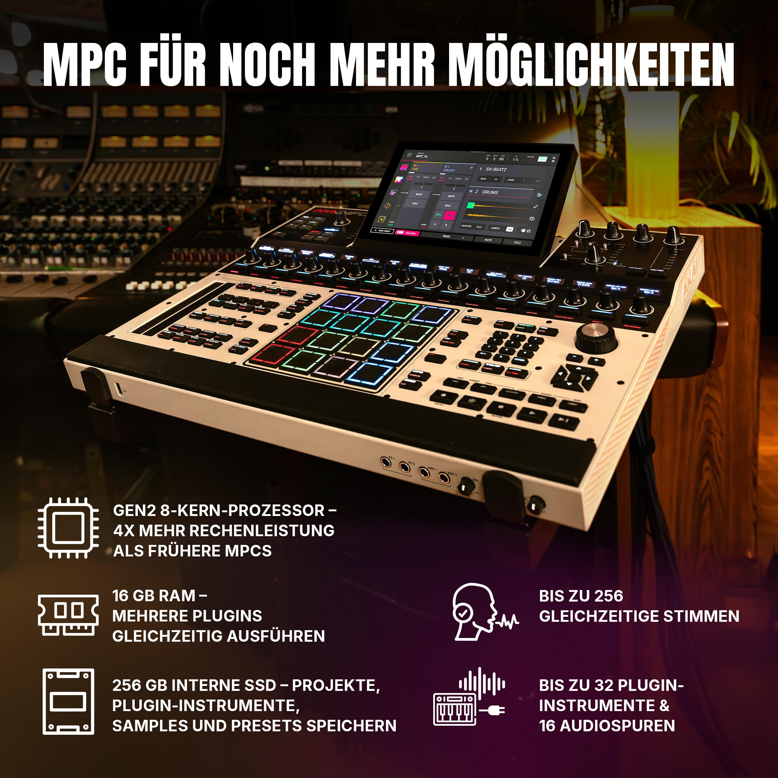 Akai Professional MPC XL Standalone Music Production Center für Sampling und Sequencing mit 10,1-Zoll Touchscreen, 3D MPCe Pads, 8‑Core CPU, 16 GB RAM und 256 GB SSD